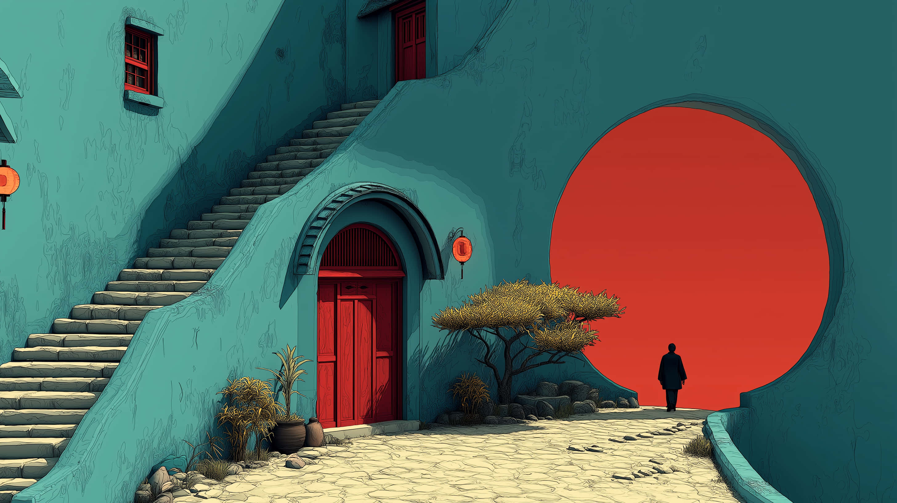 red archway, teal walls, winding staircase, 2K Desktop Wallpaper