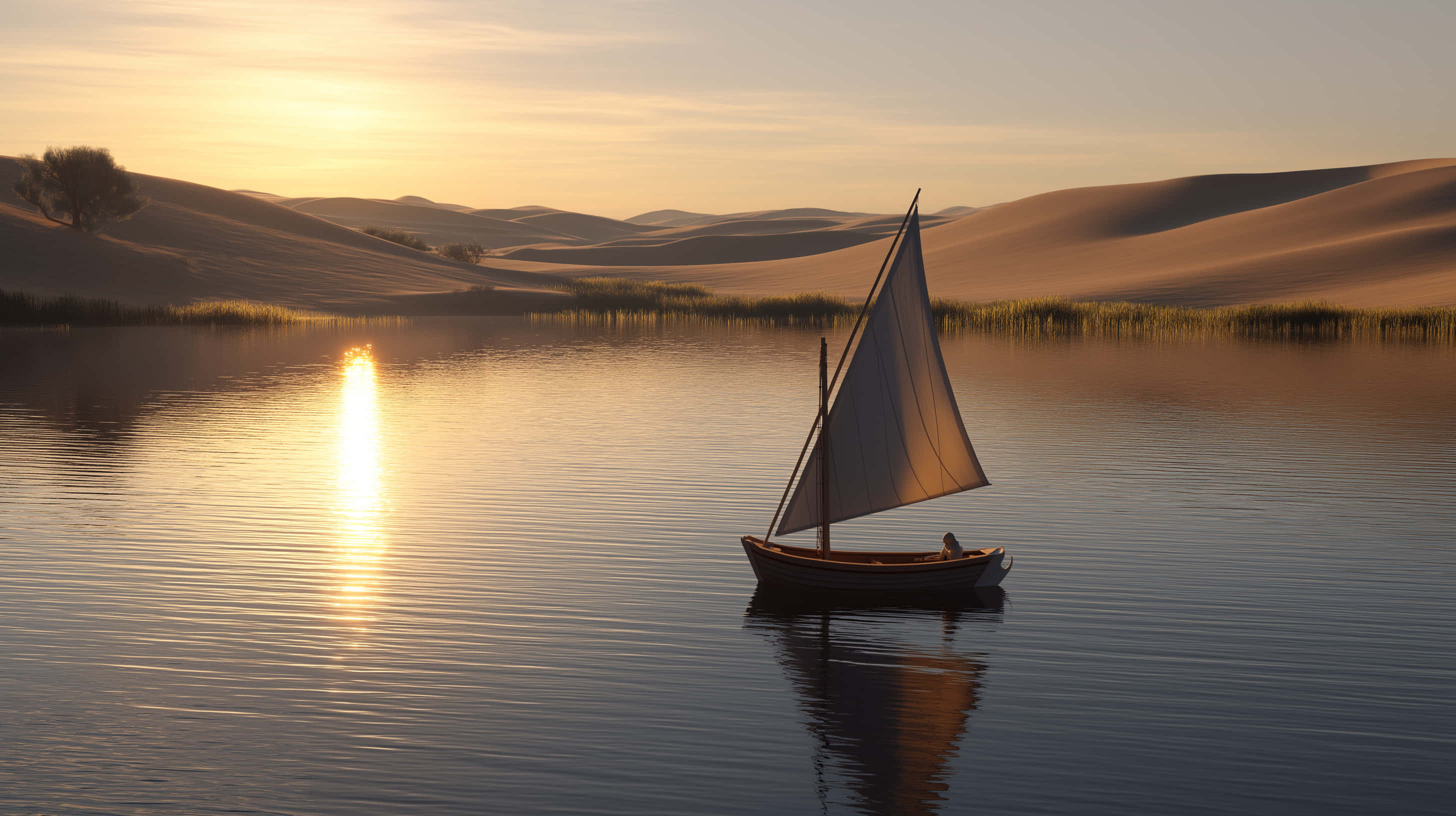 sailboat, desert lake, sand dunes, 2K Desktop Wallpaper
