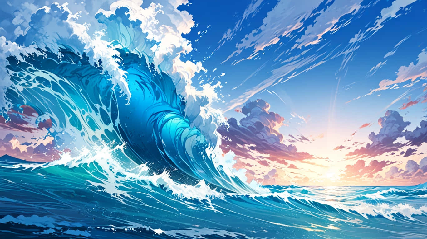 turquoise wave, vibrant sunset sky, pink purple and blue clouds, HD Desktop Wallpaper