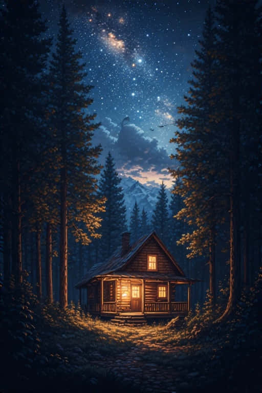 cozy wooden cabin, starry night sky, towering pine trees, SD Phone Wallpaper