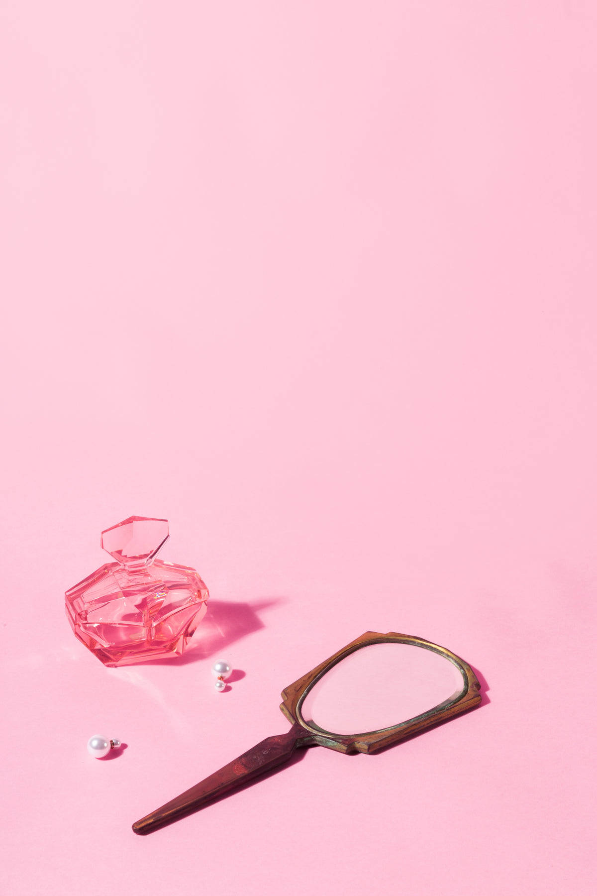 pink perfume bottle, vintage hand mirror, solid pink background, HD Phone Wallpaper