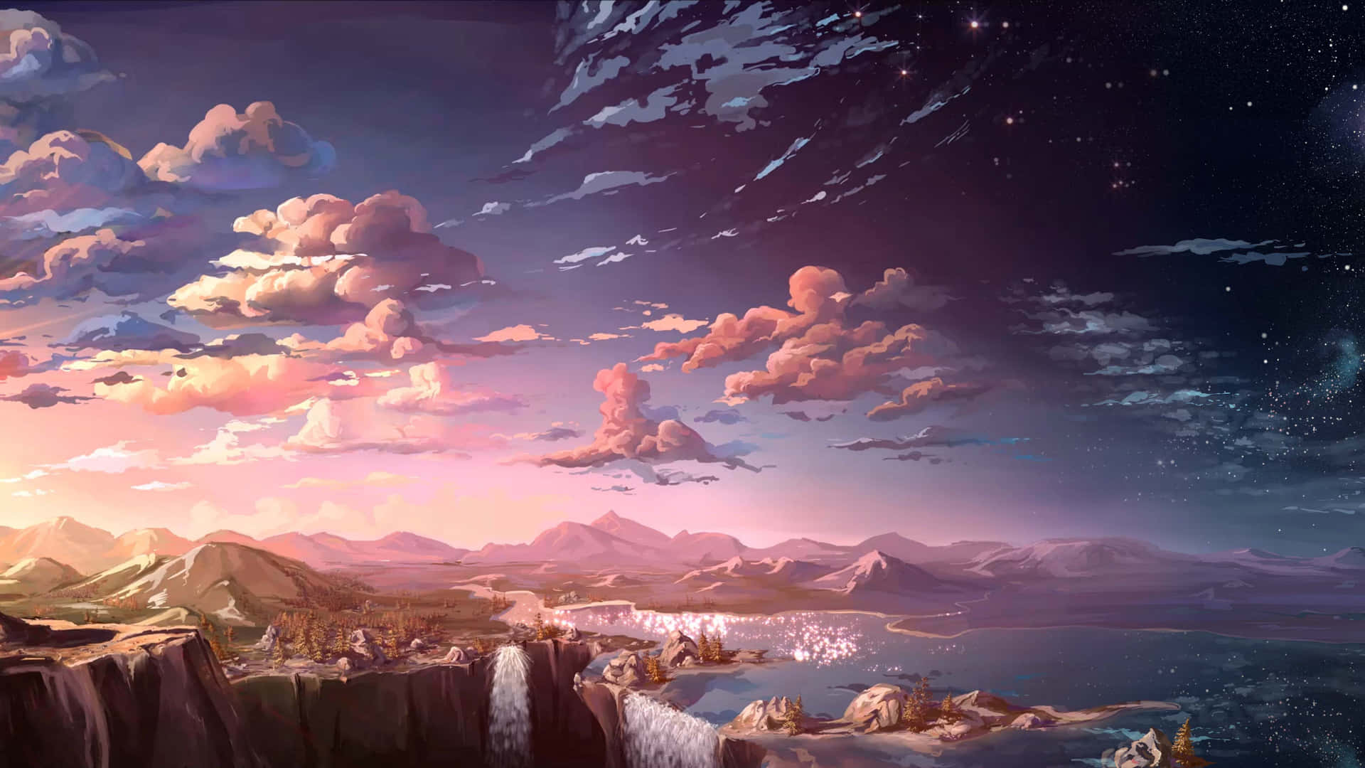 twilight landscape, pink clouds, mountains, Full HD Desktop Wallpaper