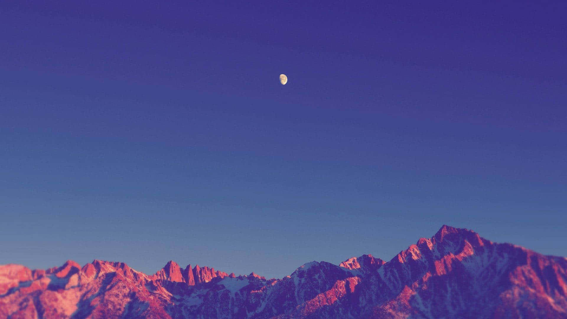 crescent moon, gradient purple sky, jagged snowcapped mountains, Full HD Desktop Wallpaper