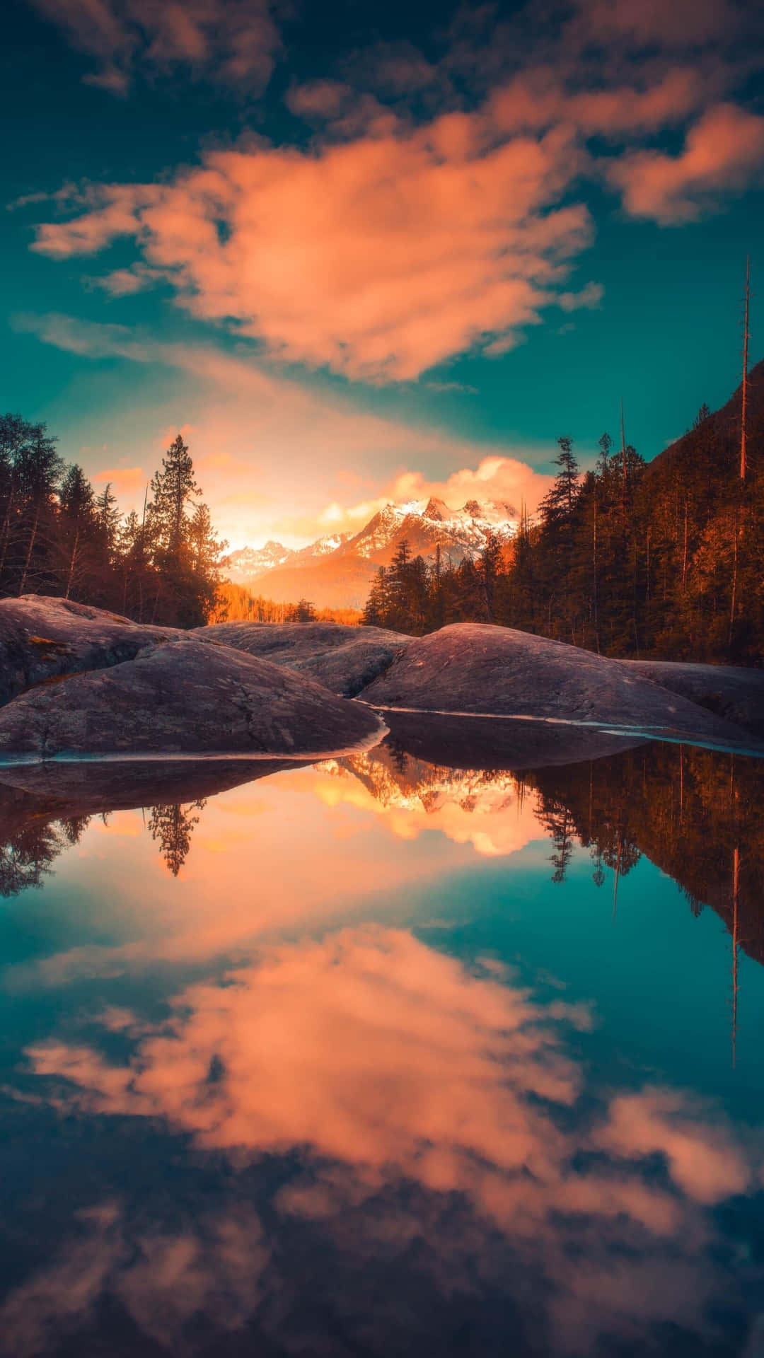serene sunset mountain reflections, fiery orange clouds, snowcapped peaks, Full HD Phone Wallpaper