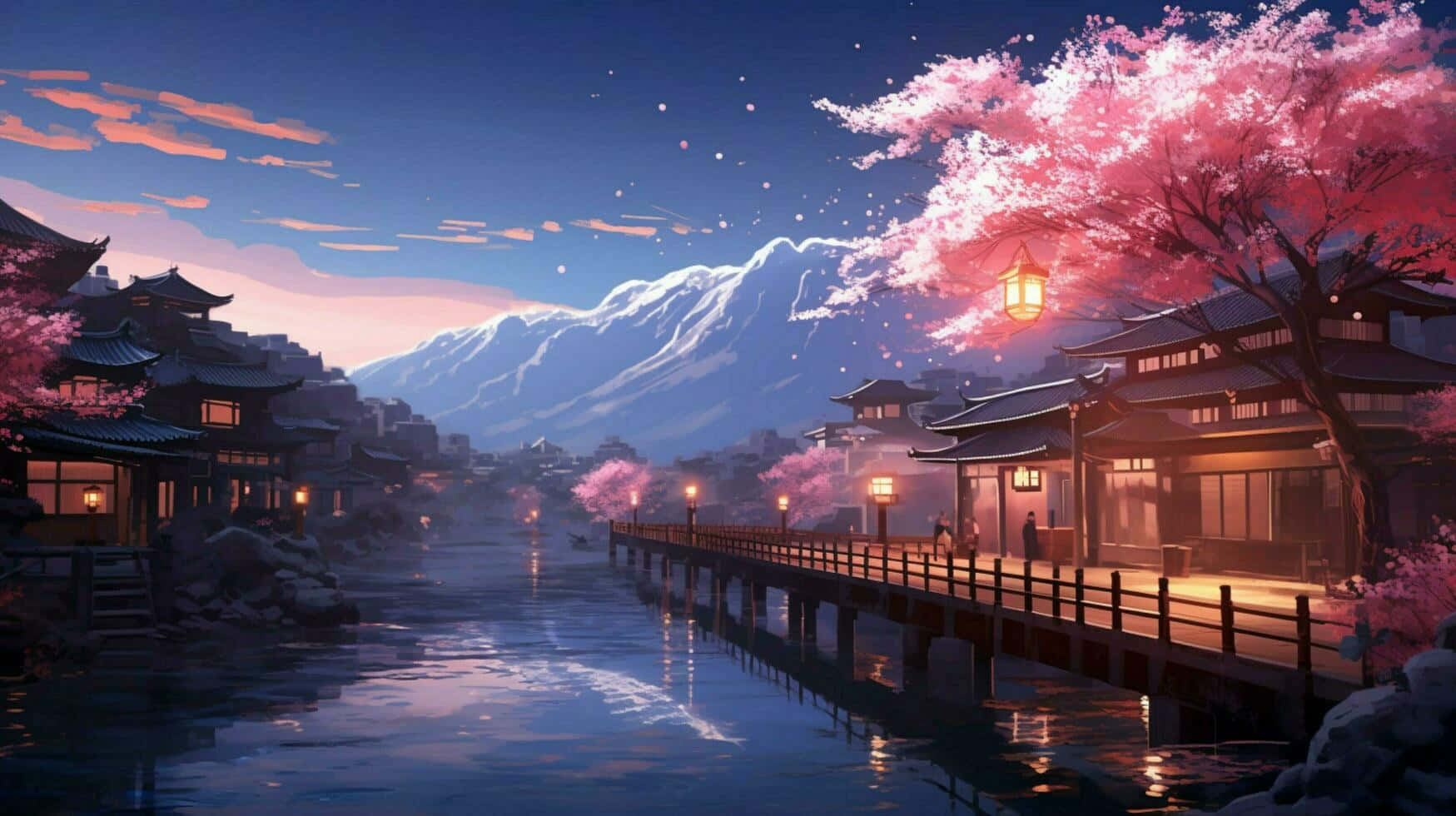 serene twilight sakura townscape, wooden bridge, calm river, HD Desktop Wallpaper