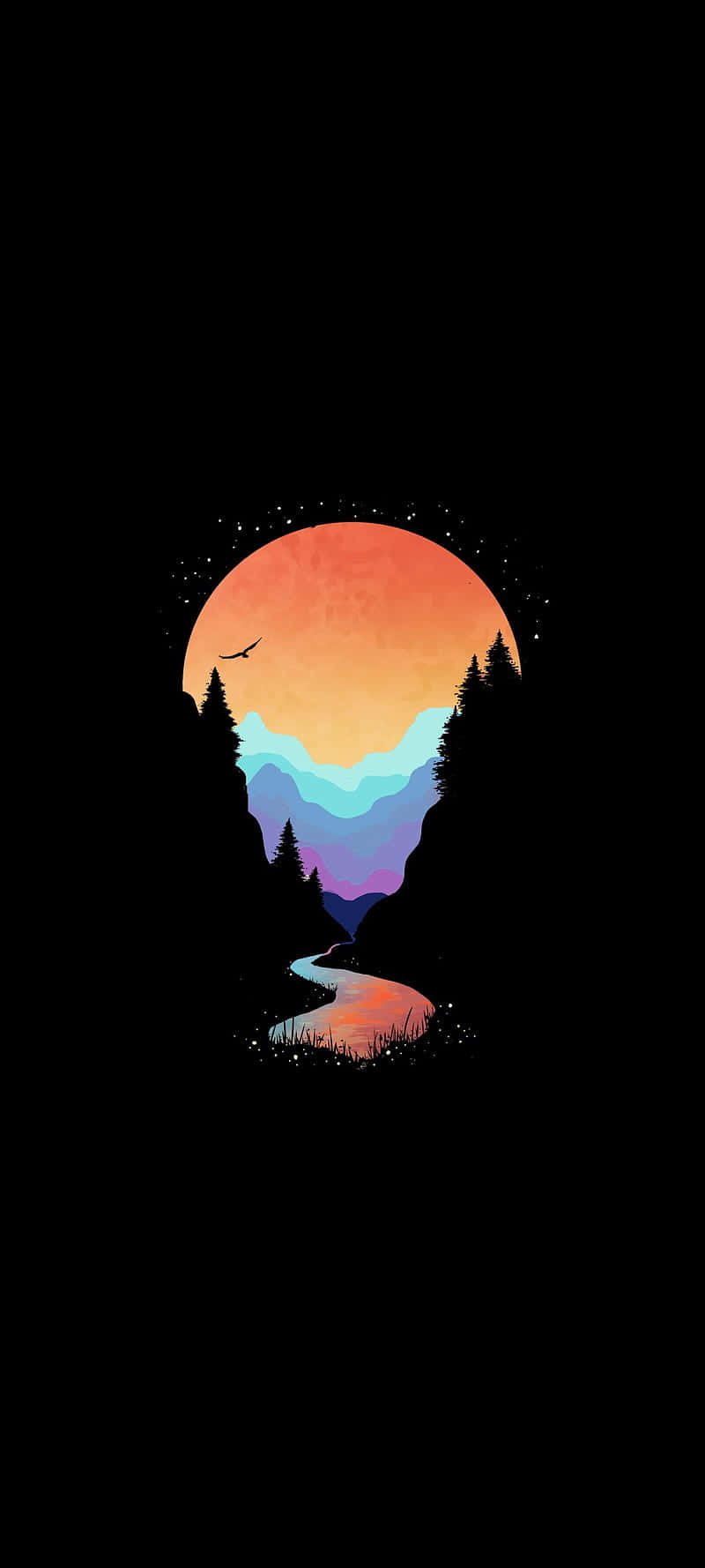 serene sunset mountain silhouette, gradient hues of orange purple and blue, silhouetted trees, HD Phone Wallpaper