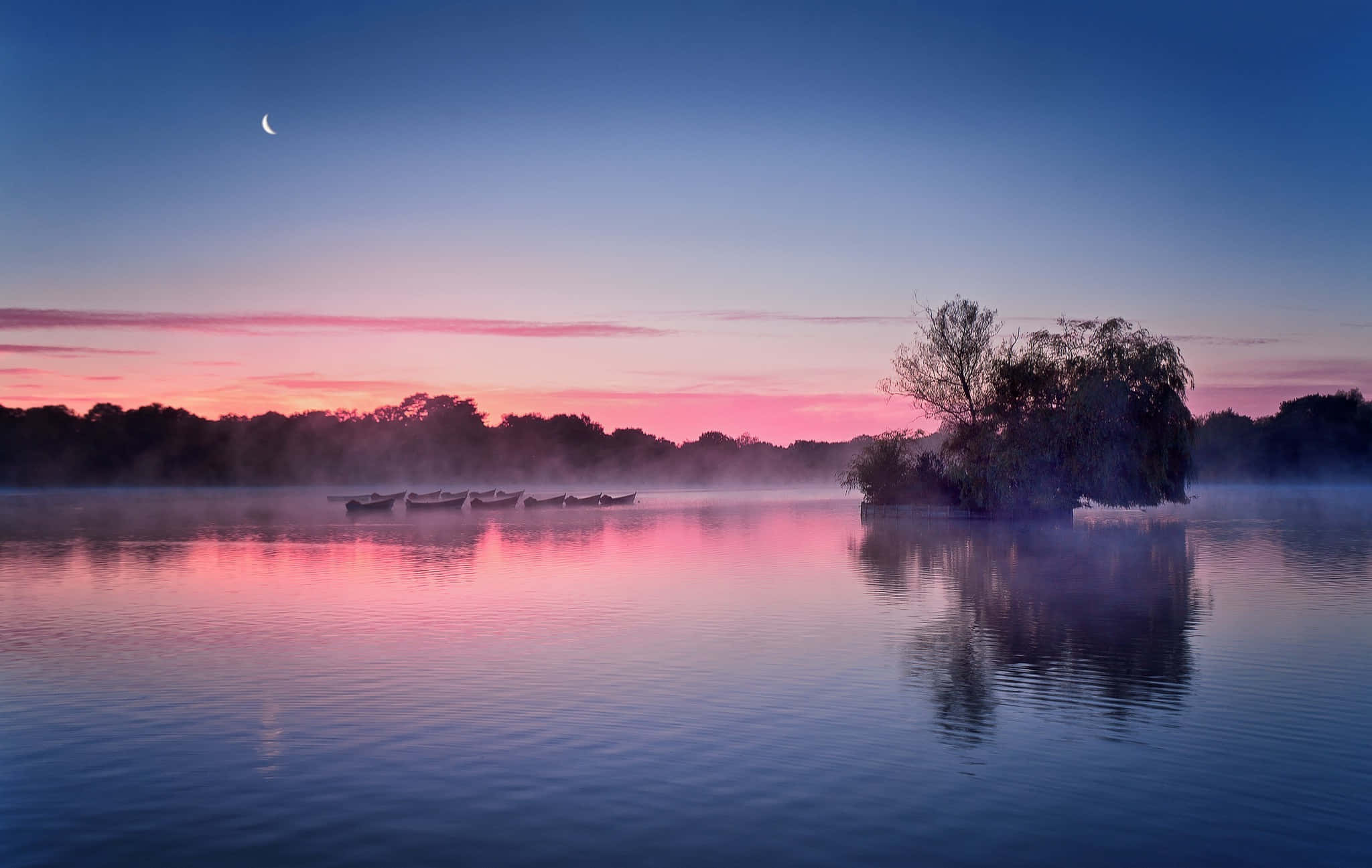 Calming Desktop, pink blue sky, serene misty lake, Full HD Desktop Wallpaper