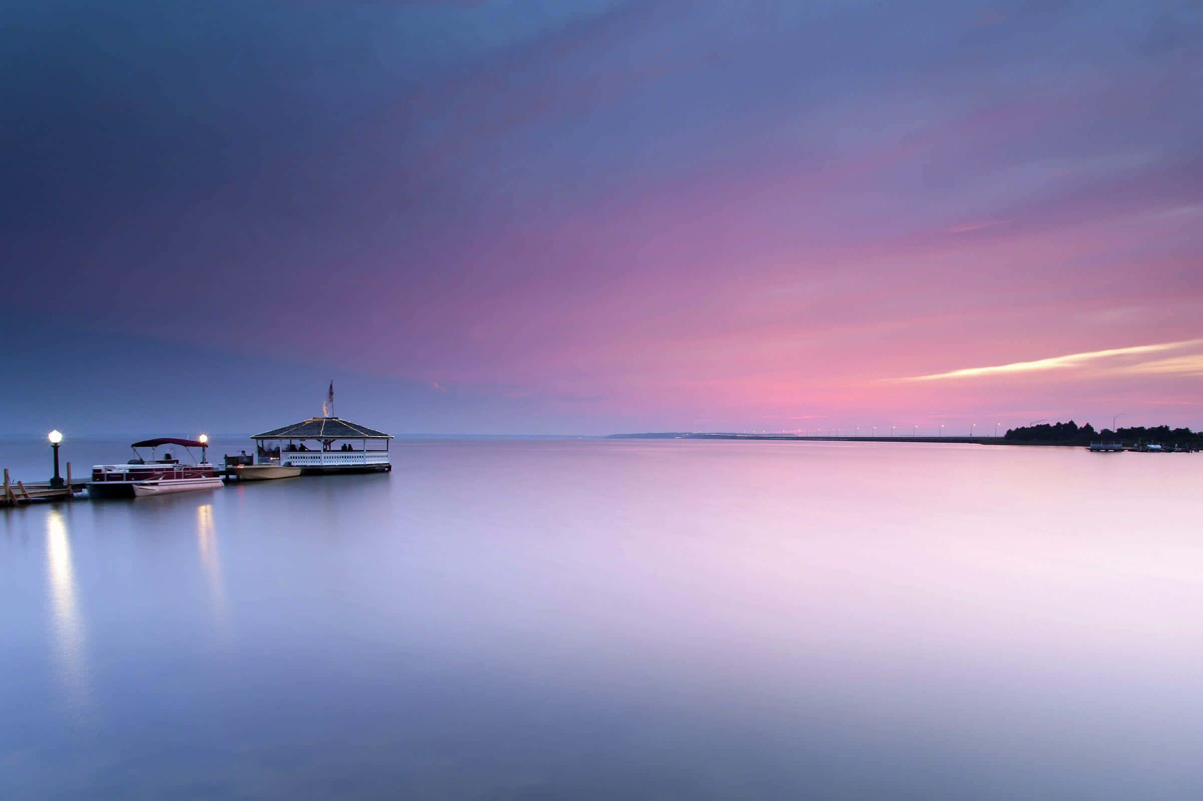twilight, lakeside scene, docked boat, Full HD Desktop Wallpaper