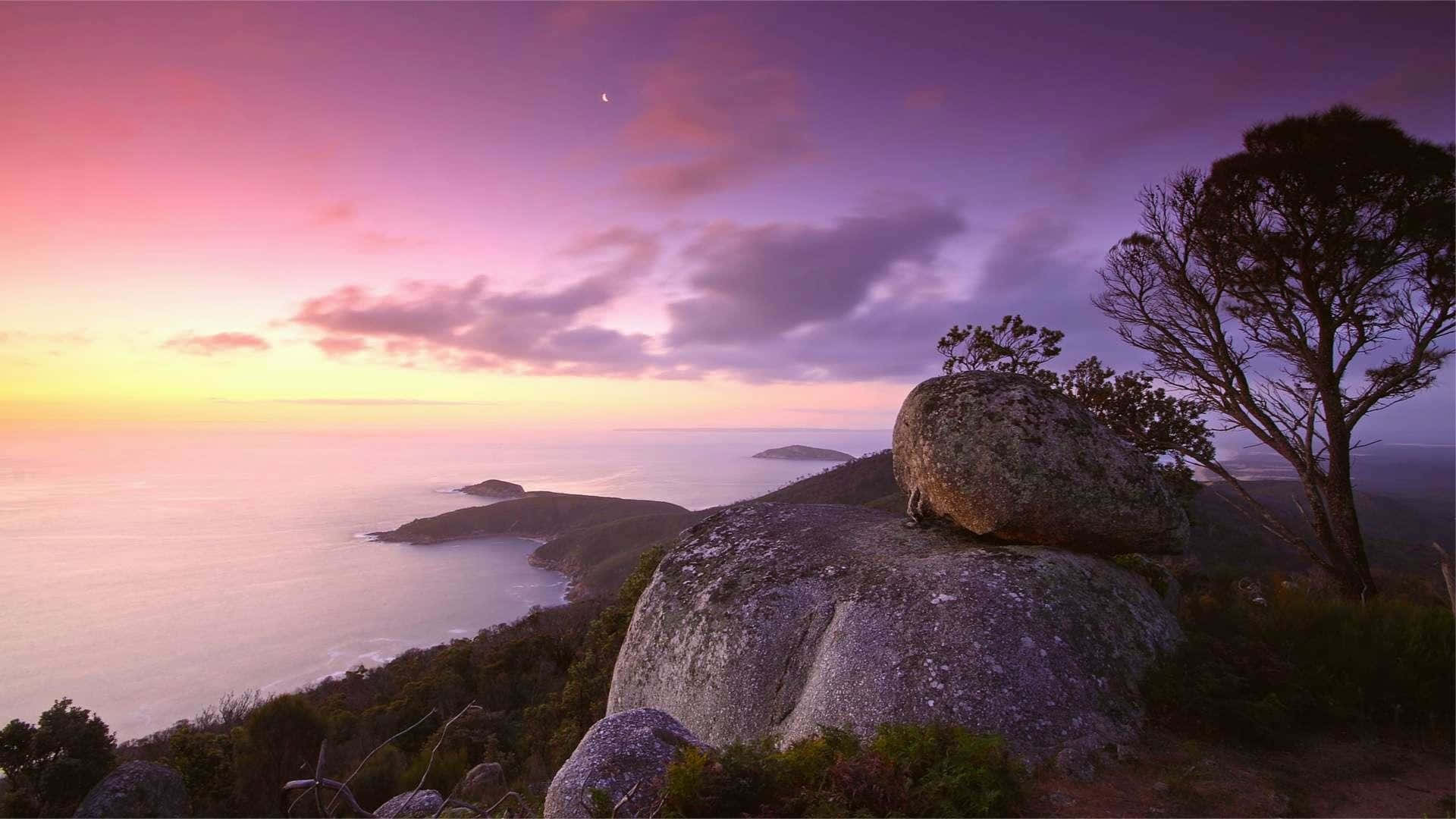 Calming Desktop, coastal sunset, purple and gold skies, Full HD Desktop Wallpaper
