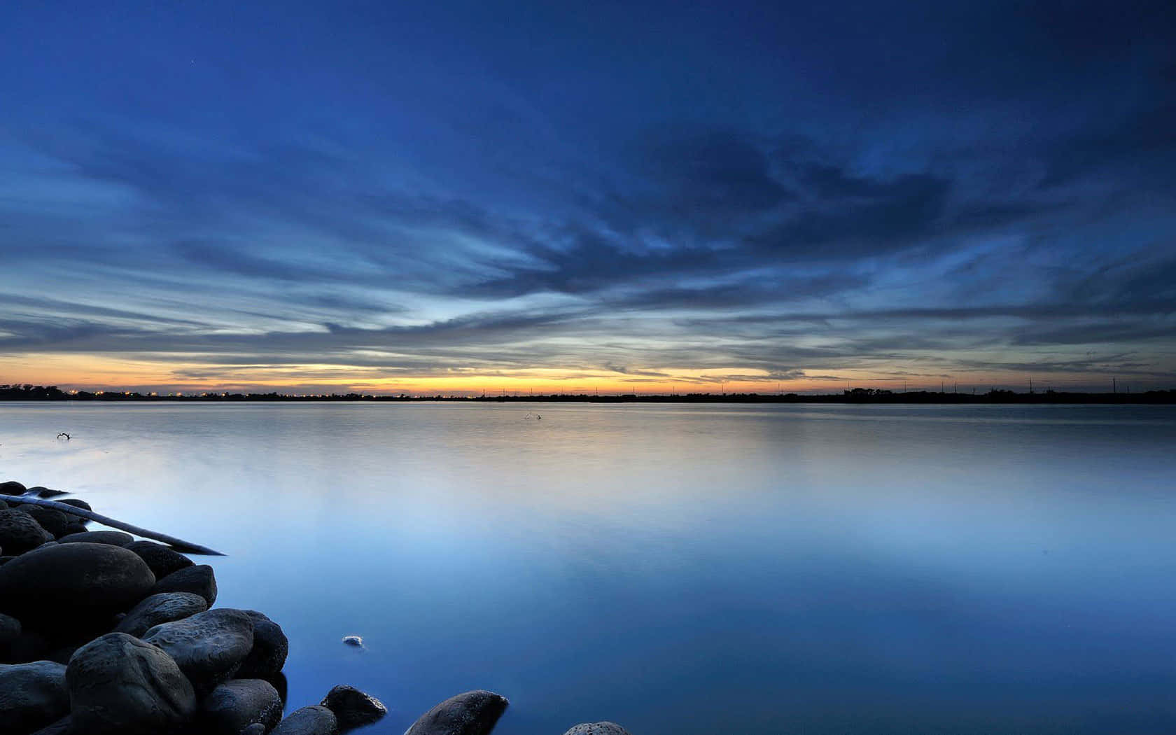 twilight lake, smooth blue water, gradient sky, HD Desktop Wallpaper
