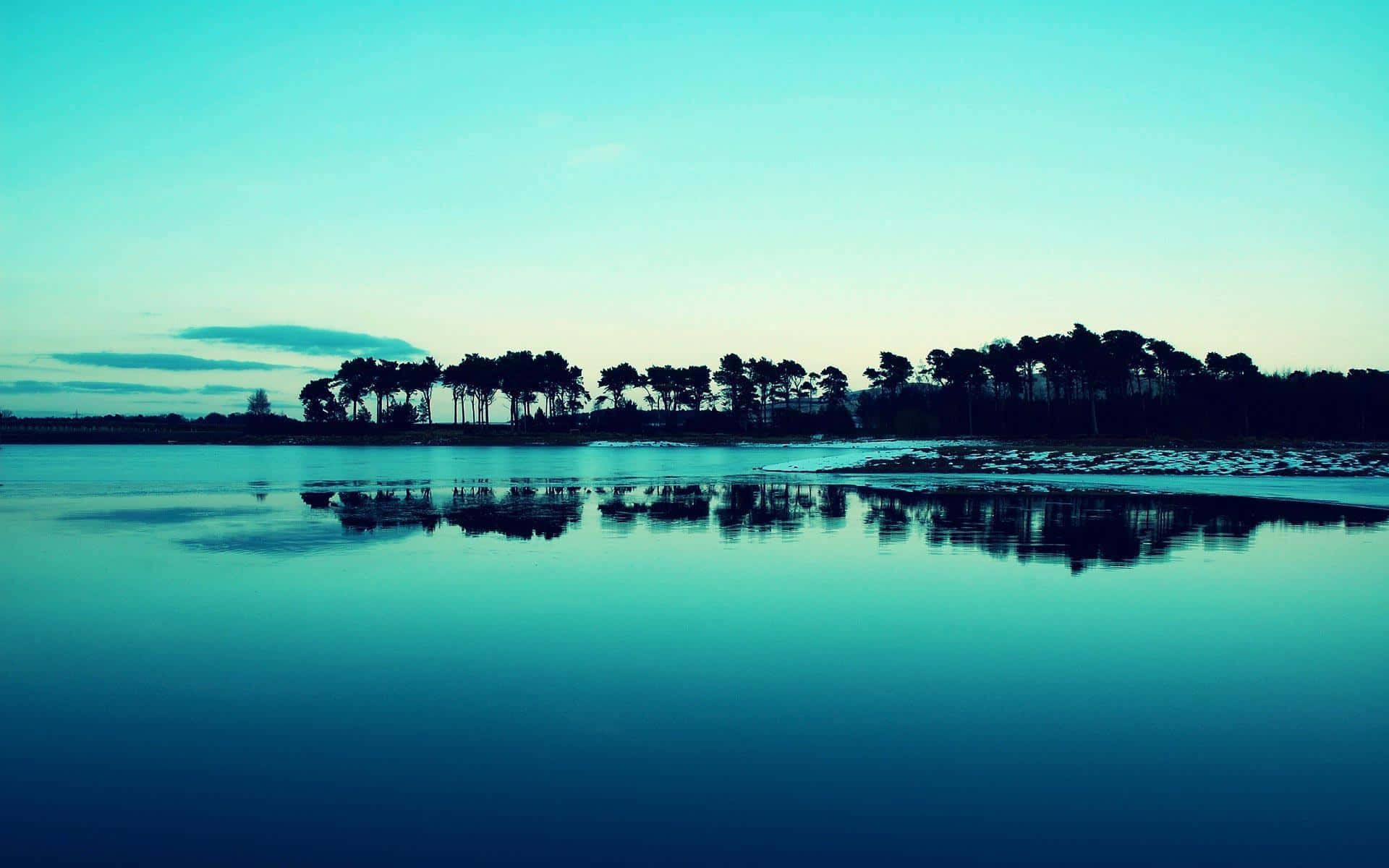 twilight lake, silhouetted pine forest, gradient teal sky, Full HD Desktop Wallpaper
