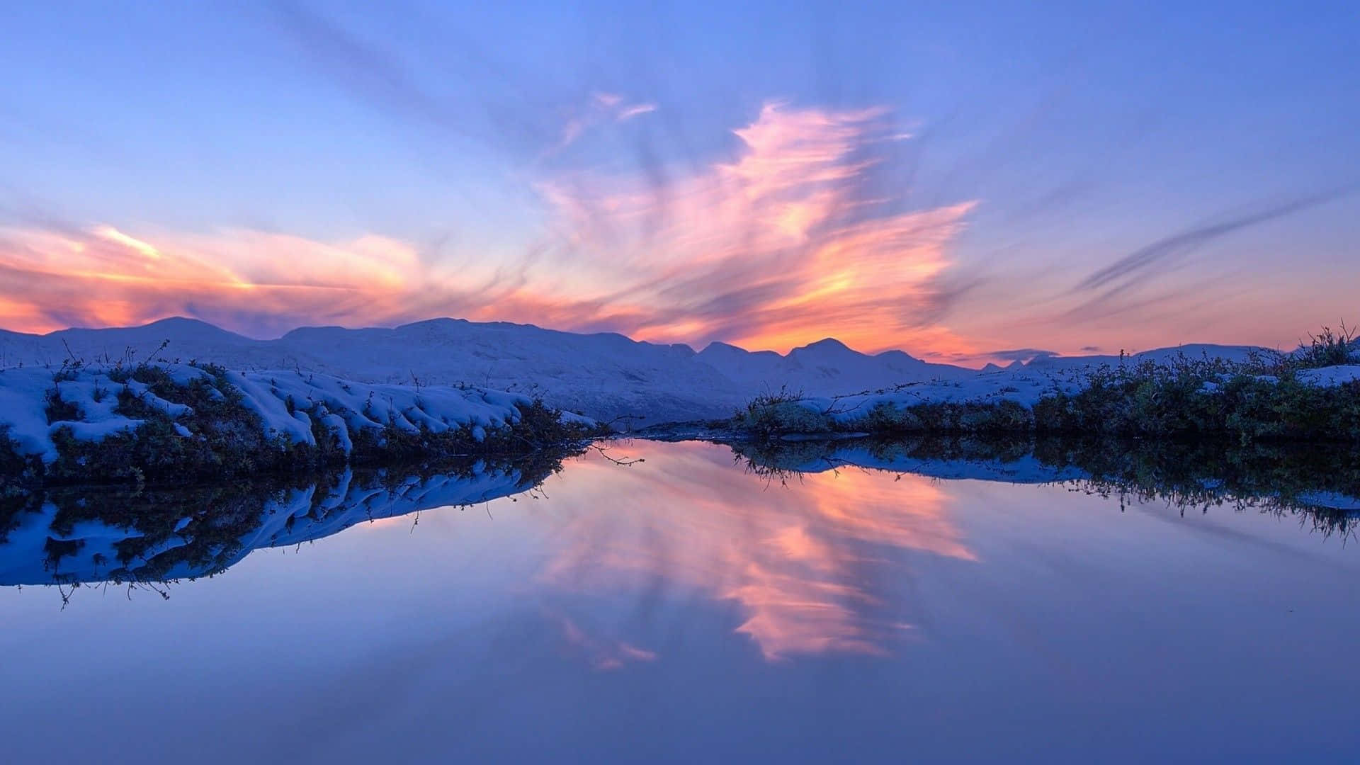 snowy mountain, snow covered river, vibrant sunset sky, Full HD Desktop Wallpaper