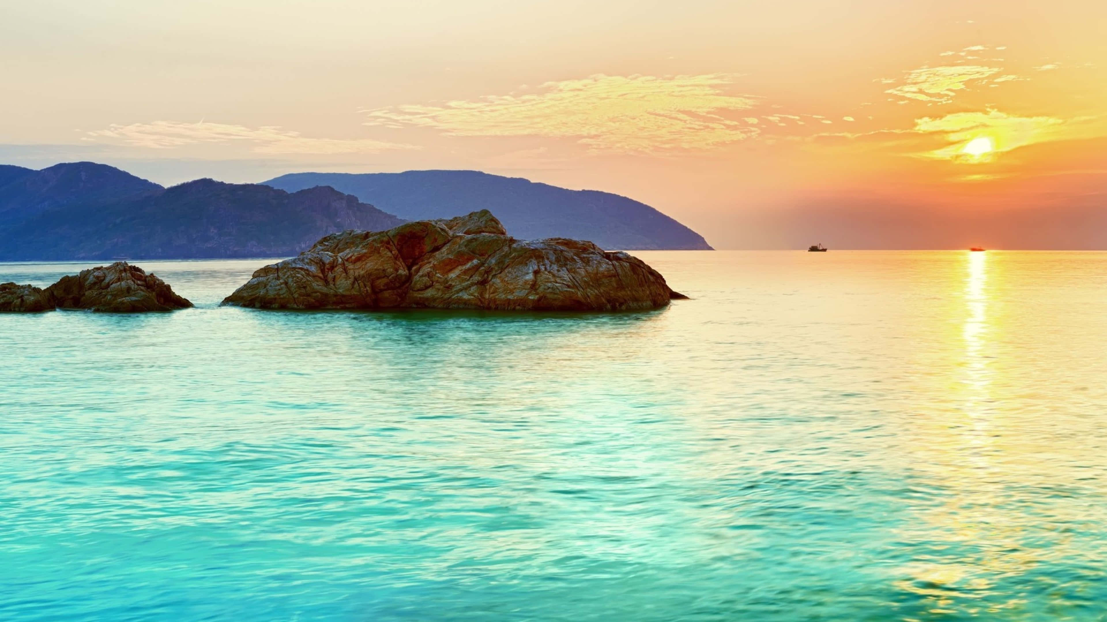 Sunset, orange sky, golden light, 4K Desktop Wallpaper