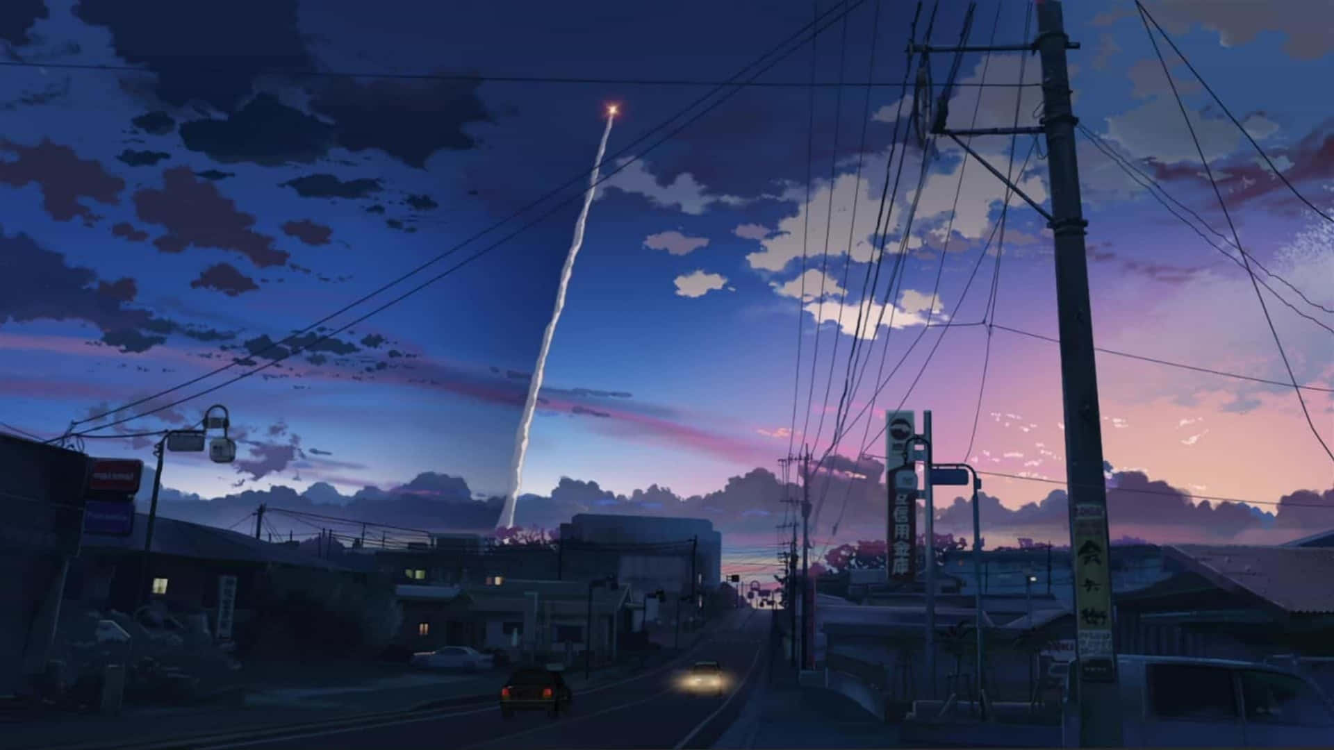 anime street, dusk, glowing rocket trail, Full HD Desktop Wallpaper
