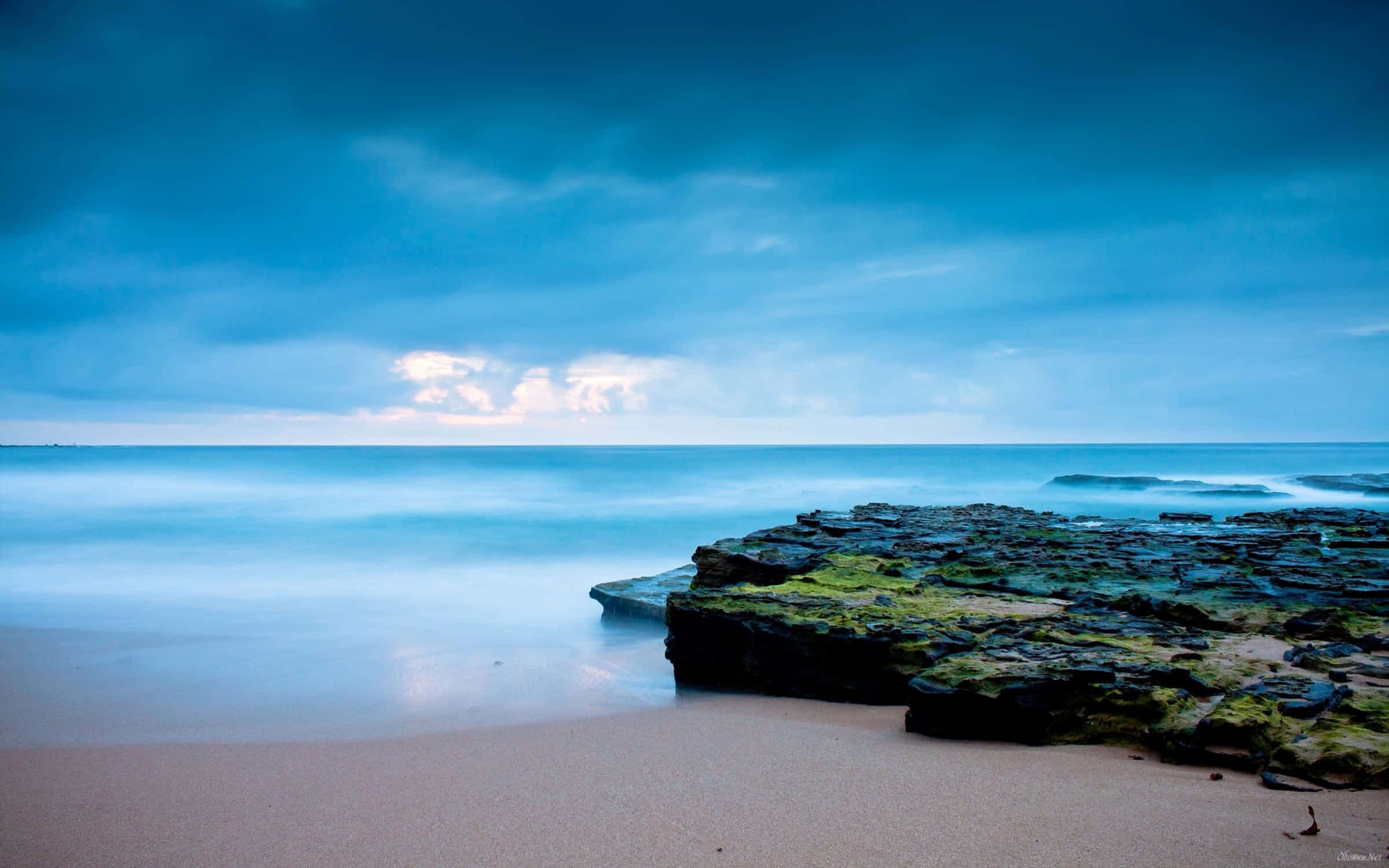 coastal scene, mossy rocks, smooth flowing water, Full HD Desktop Wallpaper