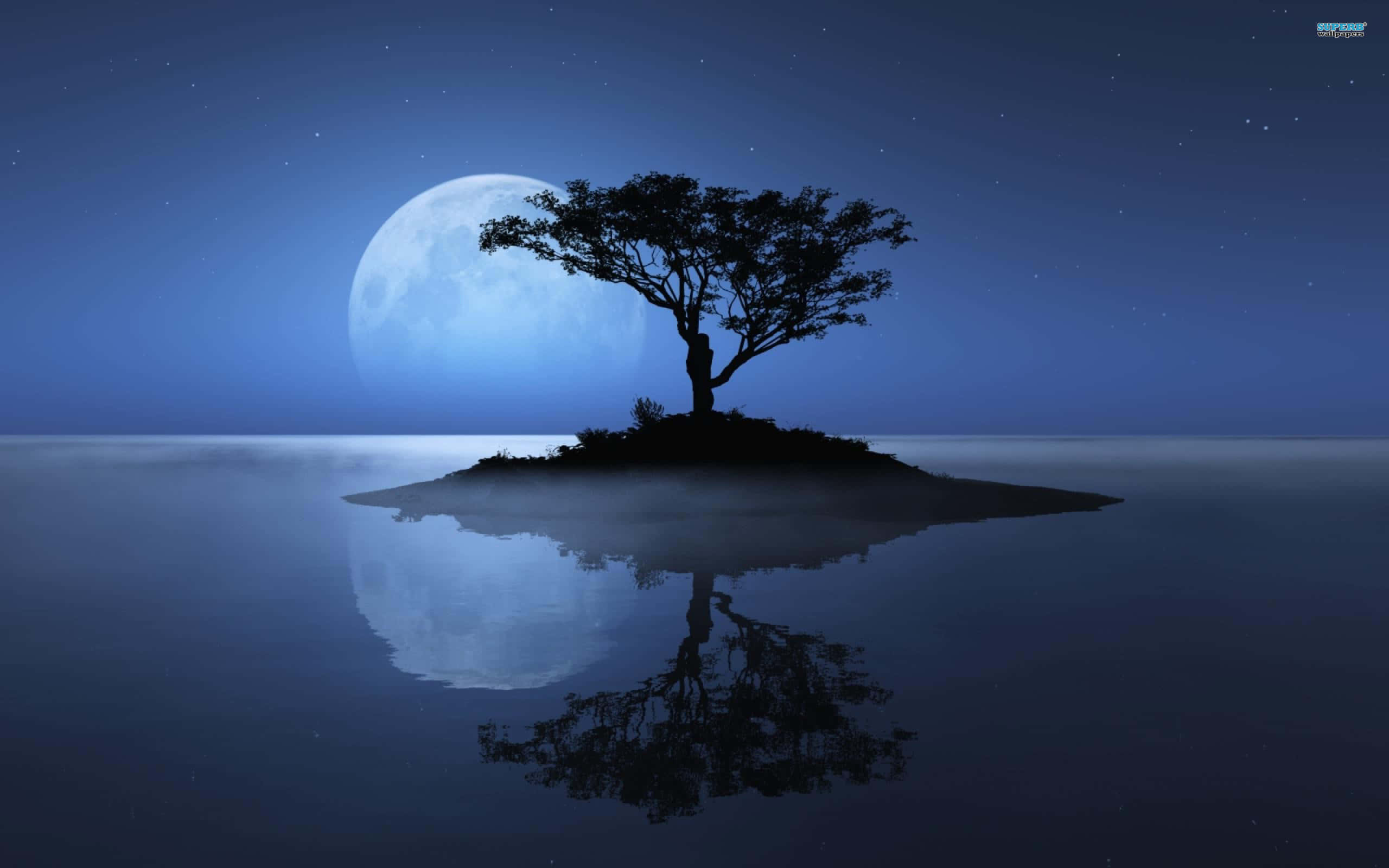 blue desktop, misty island, giant moon, 2K Desktop Wallpaper