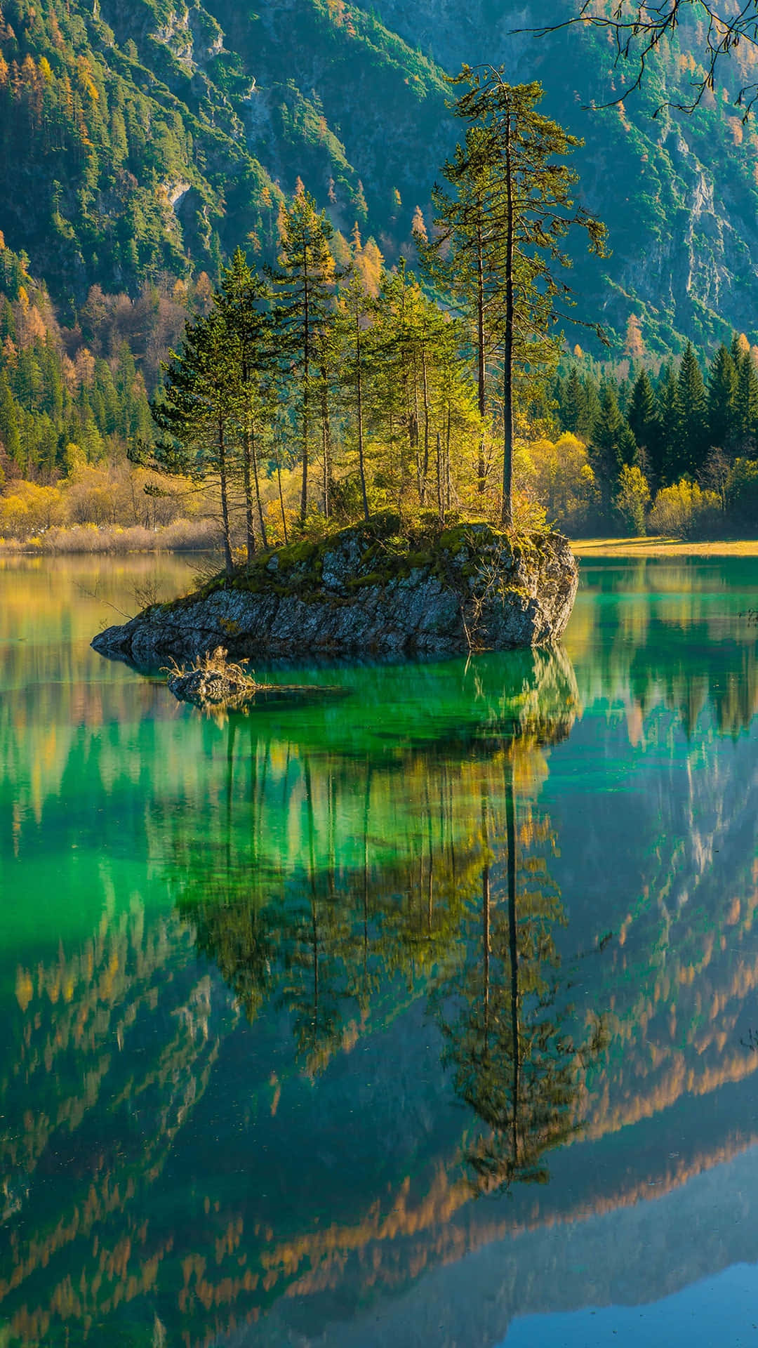 Calming iPhone App, emerald lake, golden sunlight, Full HD Phone Wallpaper