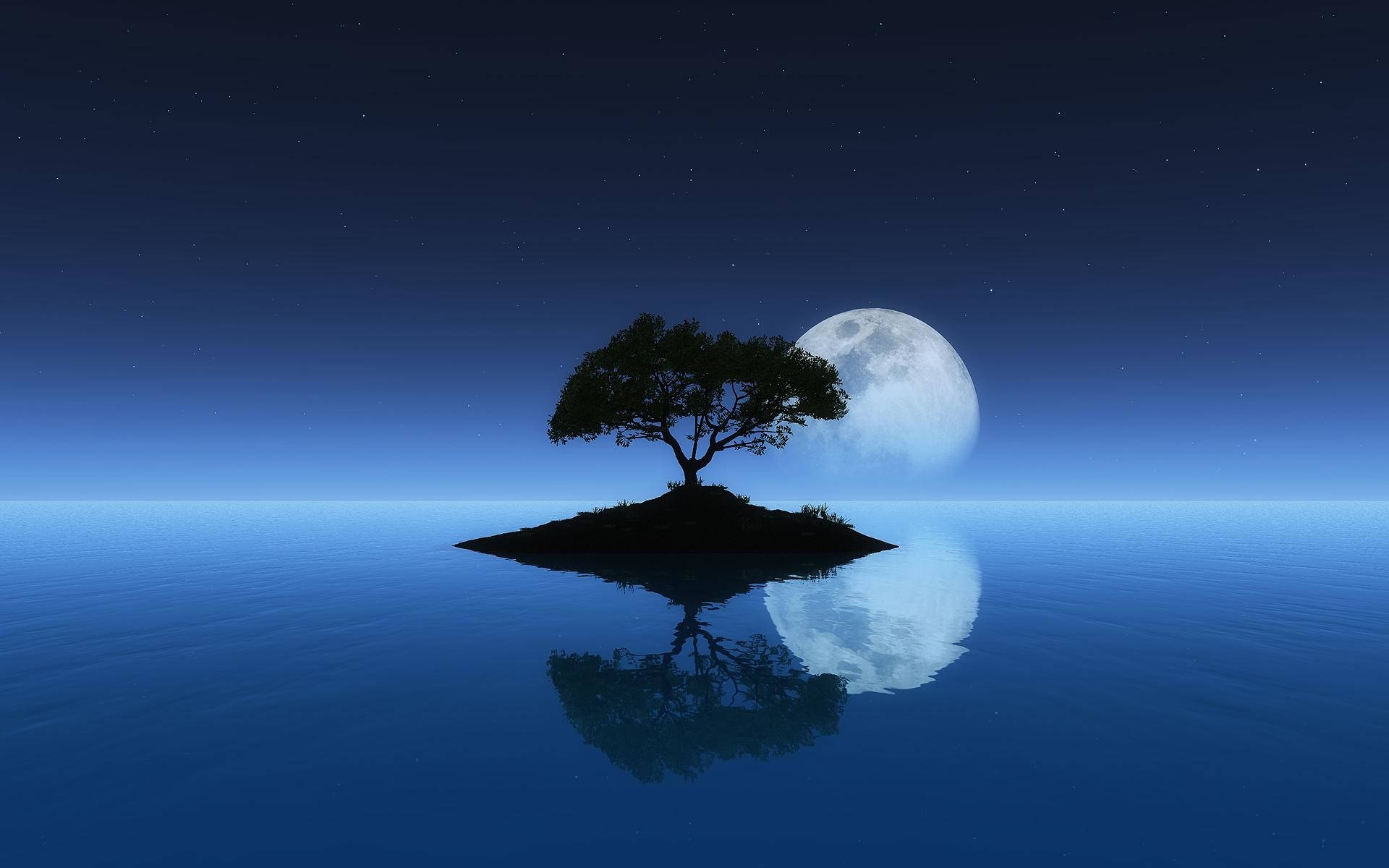 full moon, calm blue waters, starry night sky, Full HD Desktop Wallpaper