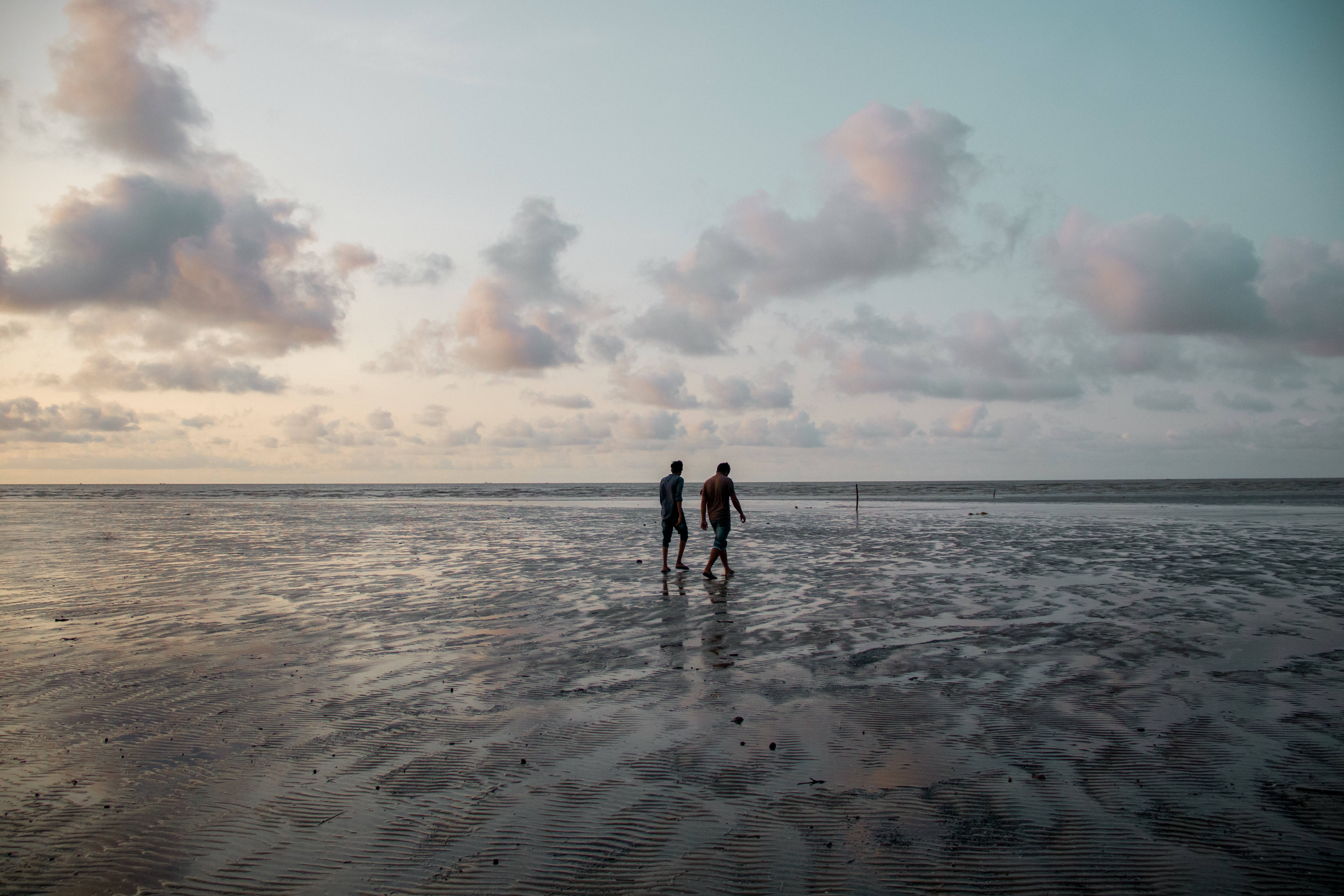 sunset, wet sandy beach, soft pink and blue clouds, 5K Desktop Wallpaper