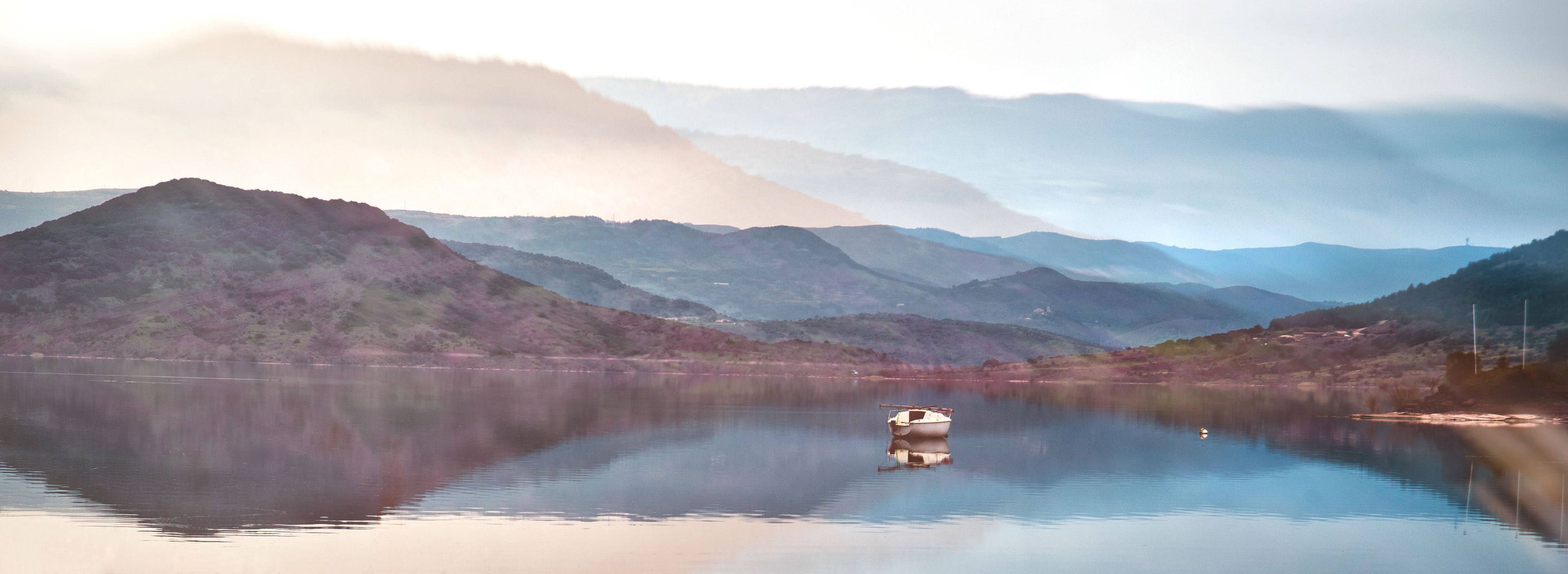 calm lake, misty mountains, soft dawn sky, 4K Desktop Wallpaper