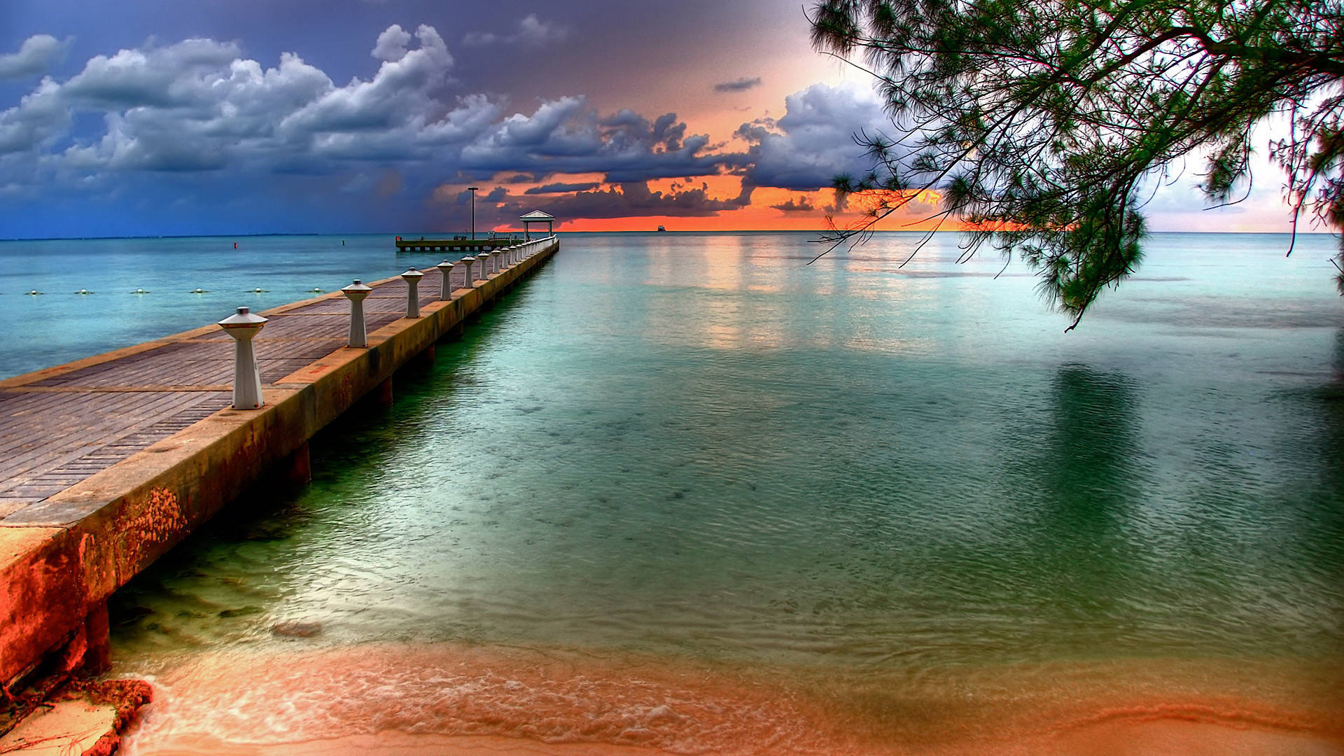 calming beach bridge, wooden pier, calm turquoise waters, Full HD Desktop Wallpaper