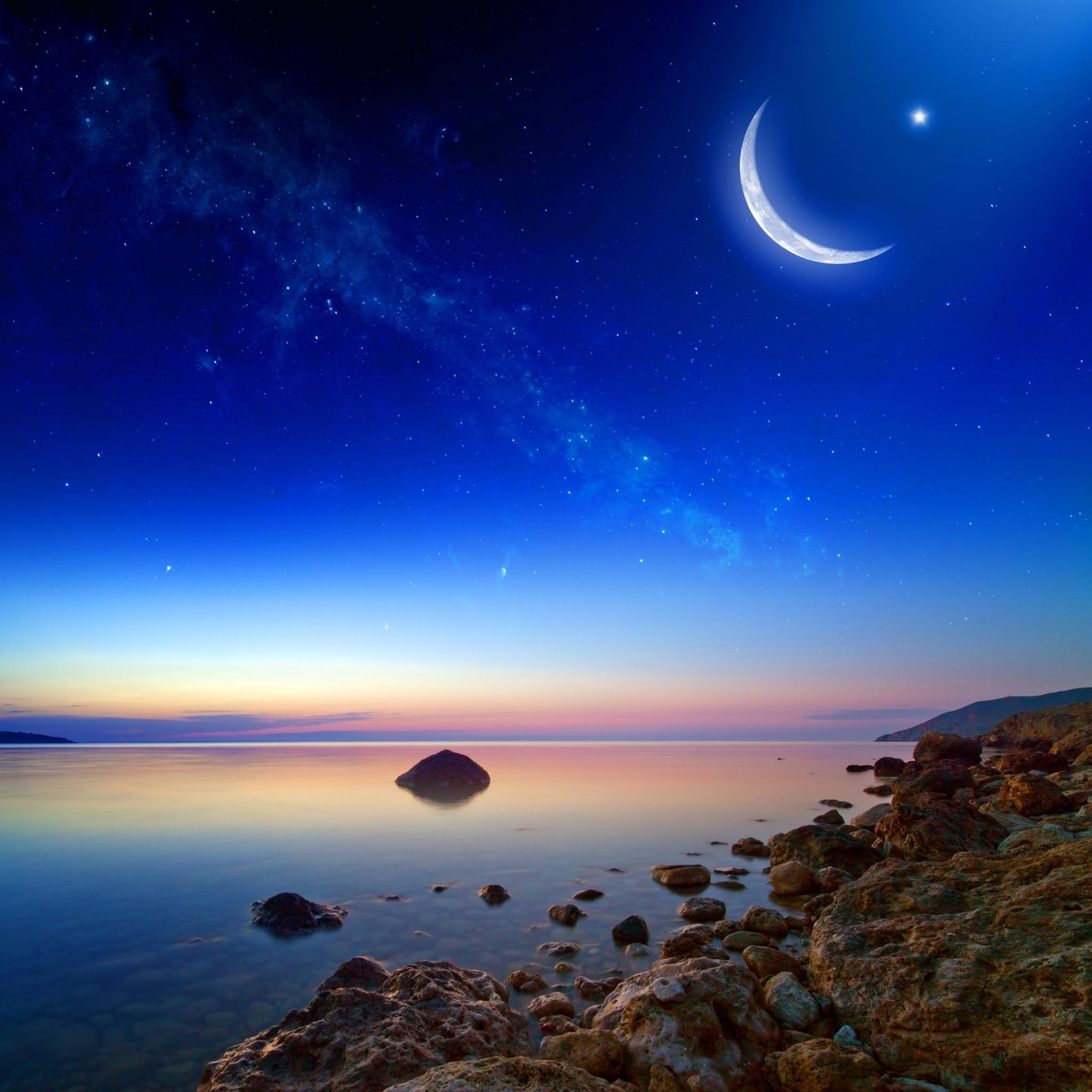 calming sunset sky, twilight seascape, crescent moon, Full HD Desktop Wallpaper