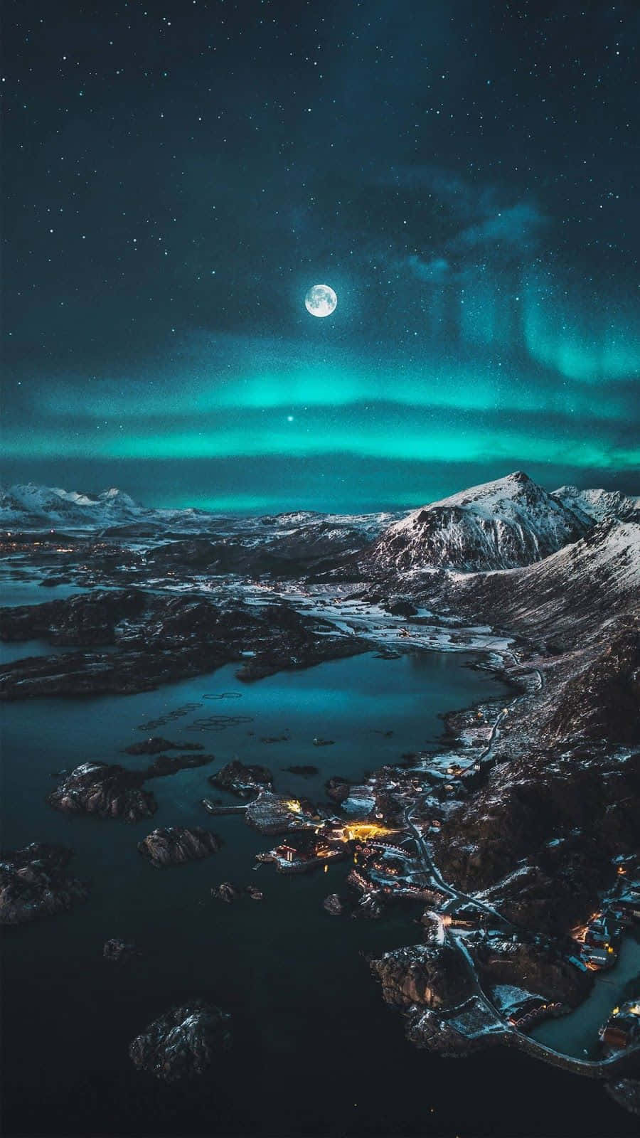 Calming iPhone Moon, snowy mountain village, starry sky, HD Phone Wallpaper