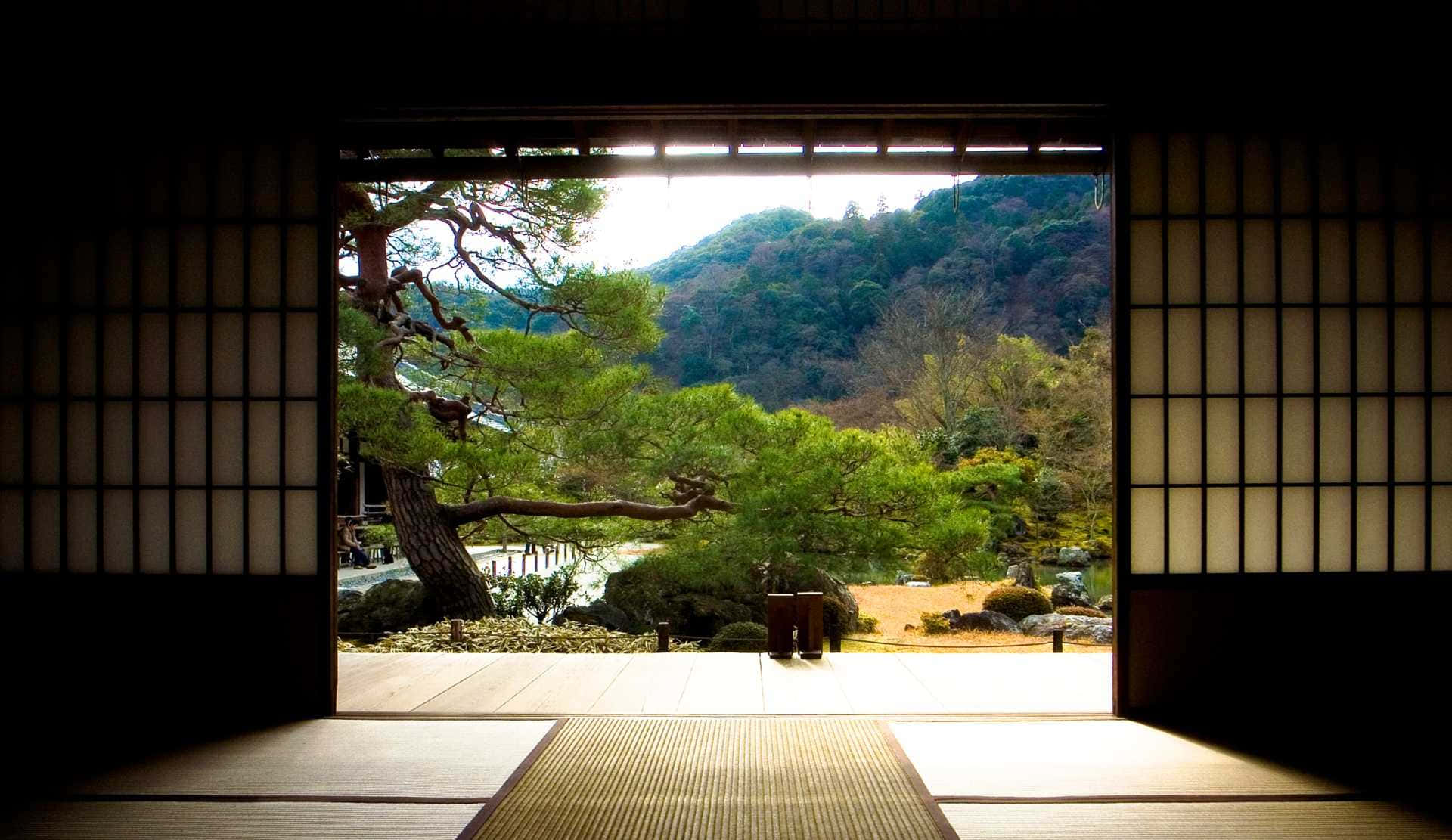 Zen Desktop, traditional Japanese sliding door, serene garden, Full HD Desktop Wallpaper
