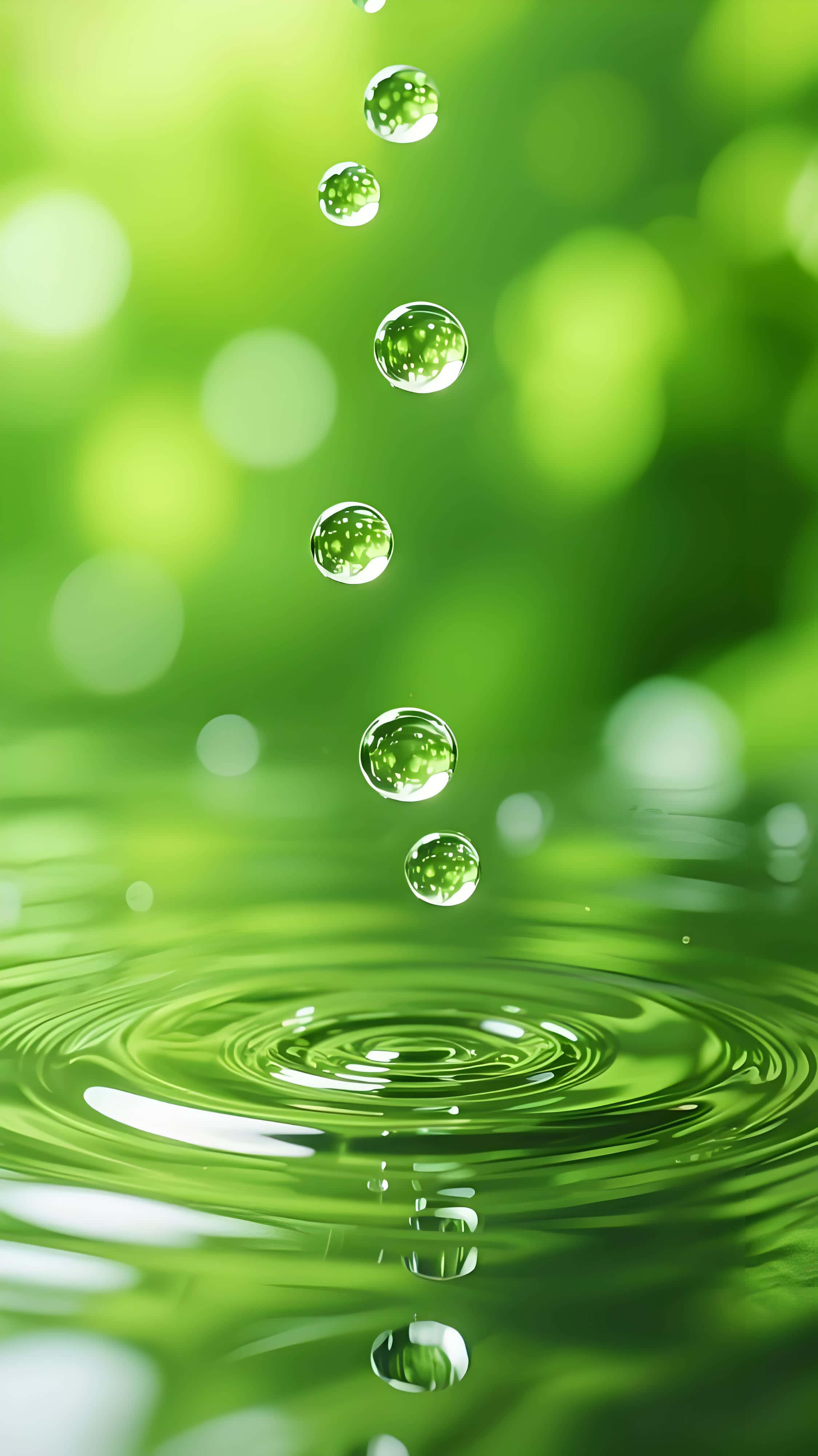 green water drops, vibrant green bokeh, rippling surface, 4K Phone Wallpaper
