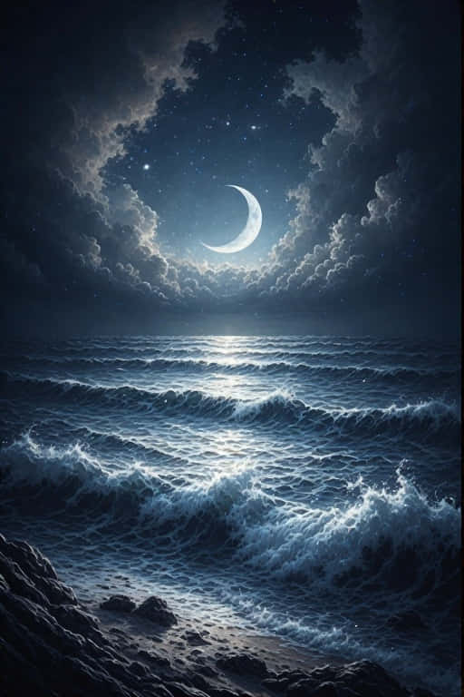 crescent moon, stormy clouds, turbulent ocean, SD Phone Wallpaper