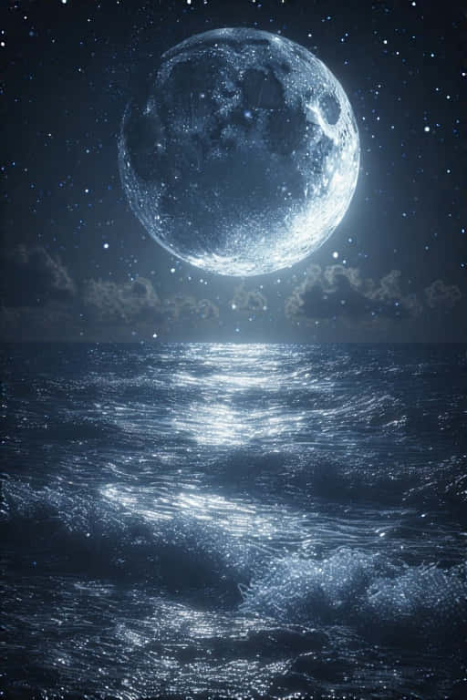 serene moonlit ocean, silver waves, crescent moon, SD Phone Wallpaper