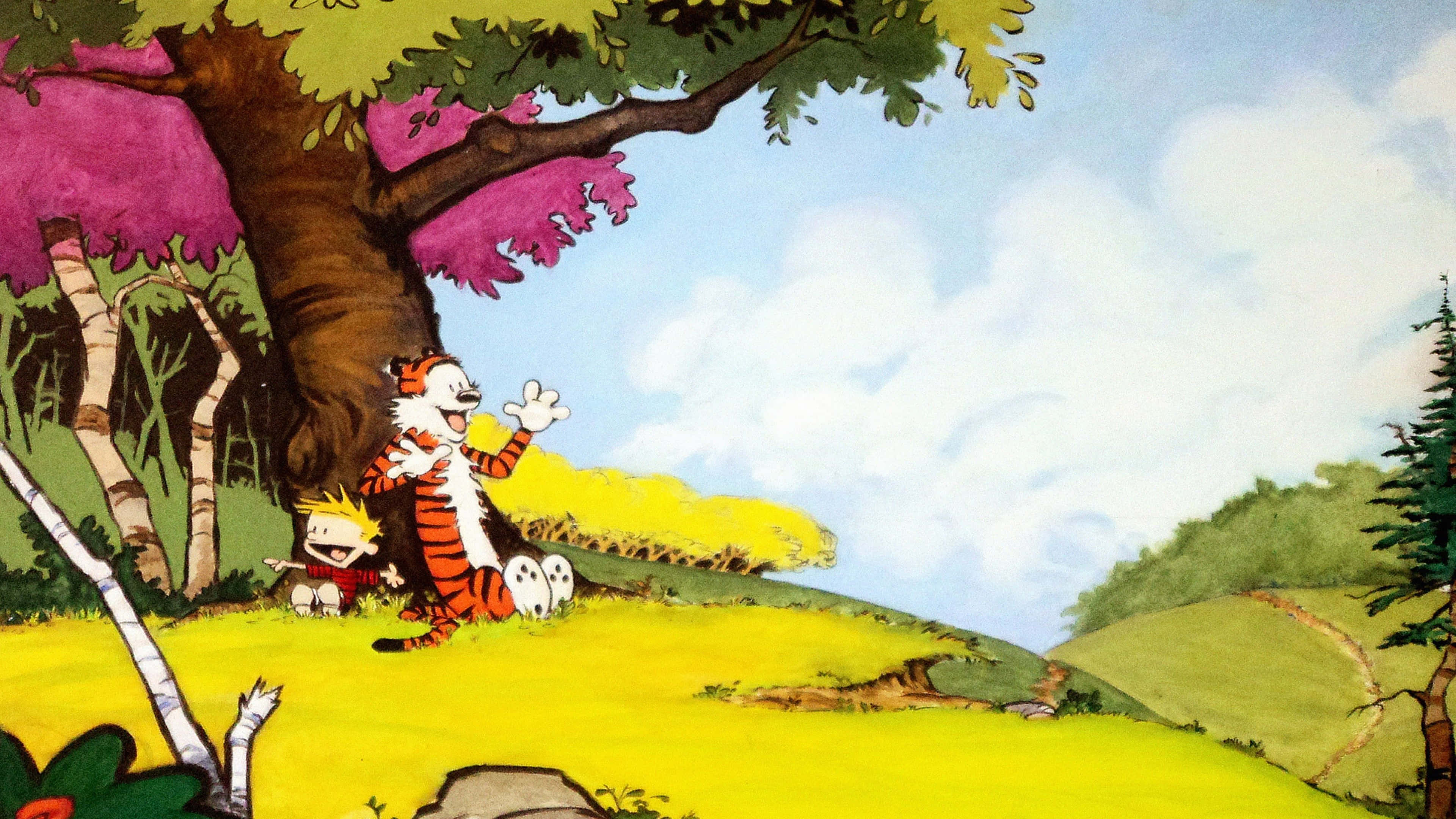 Calvin And Hobbes, pink blossoms, sunny hillside, 4K Desktop Wallpaper