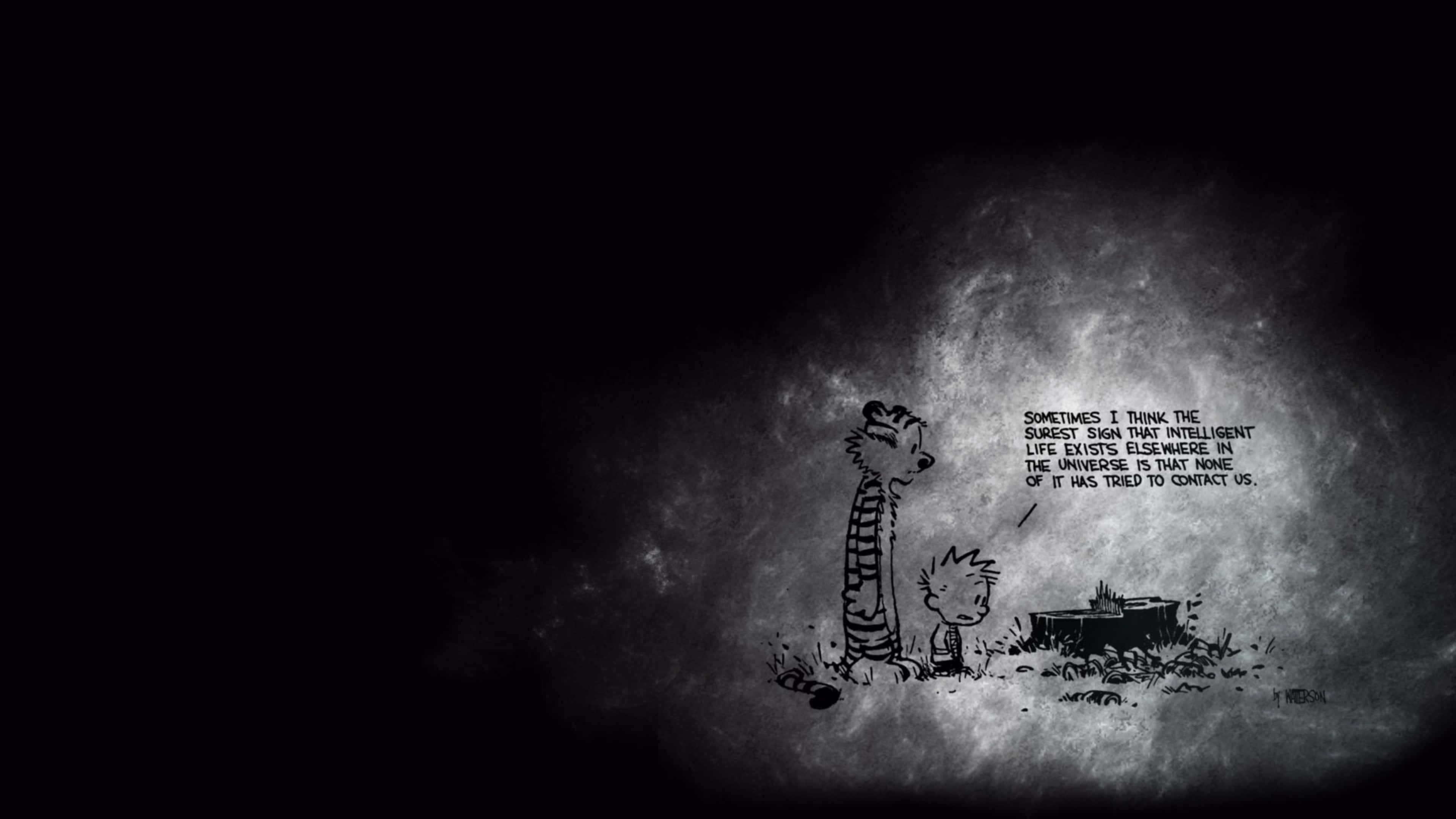 Calvin And Hobbes, spotlight, dark cosmic backdrop, 4K Desktop Wallpaper