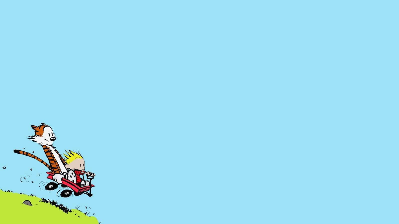 Calvin And Hobbes, red wagon, grassy hill, HD Desktop Wallpaper