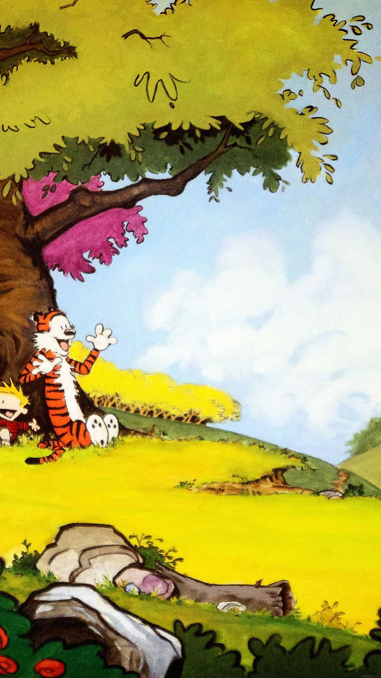 Calvin and Hobbes, tree, pink blossoms, Full HD Phone Wallpaper