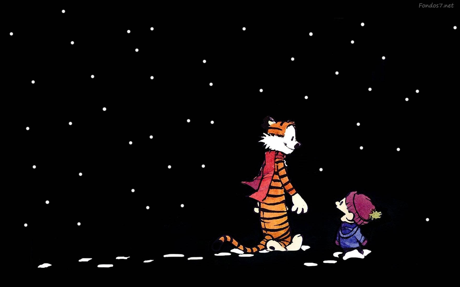Calvin And Hobbes, starry night sky, snow, Full HD Desktop Wallpaper