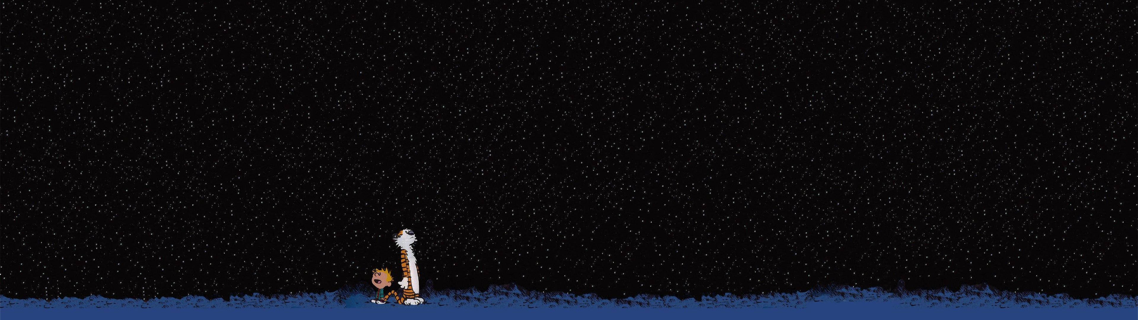 Calvin And Hobbes, starry night sky, blue horizon, 4K Desktop Wallpaper
