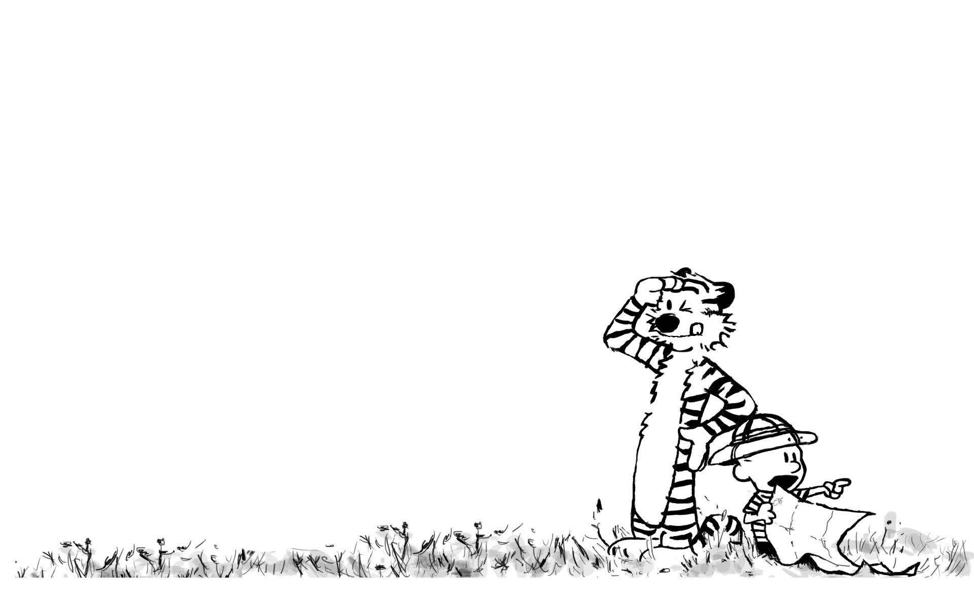 Calvin And Hobbes, black and white line art, grassy field, Full HD Desktop Wallpaper