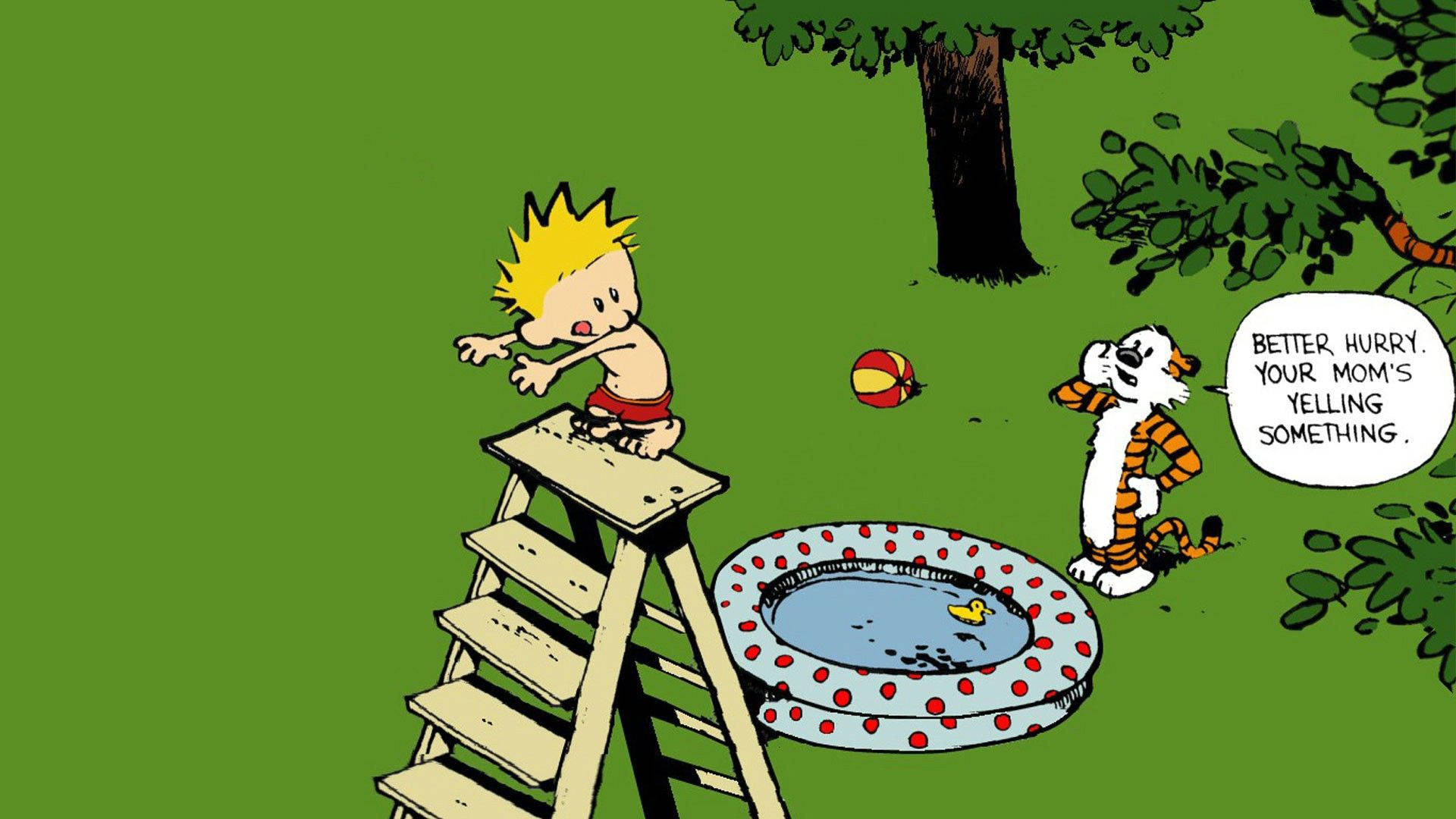 Calvin And Hobbes, inflatable pool, ladder, Full HD Desktop Wallpaper