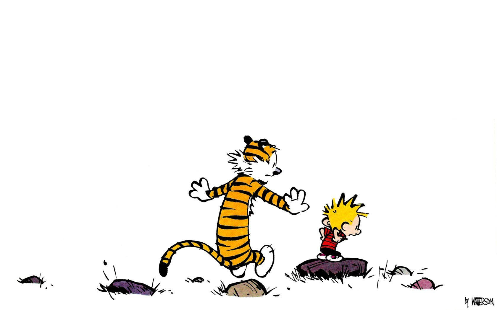Calvin And Hobbes, hopping on stones, sparse grassy field, HD Desktop Wallpaper