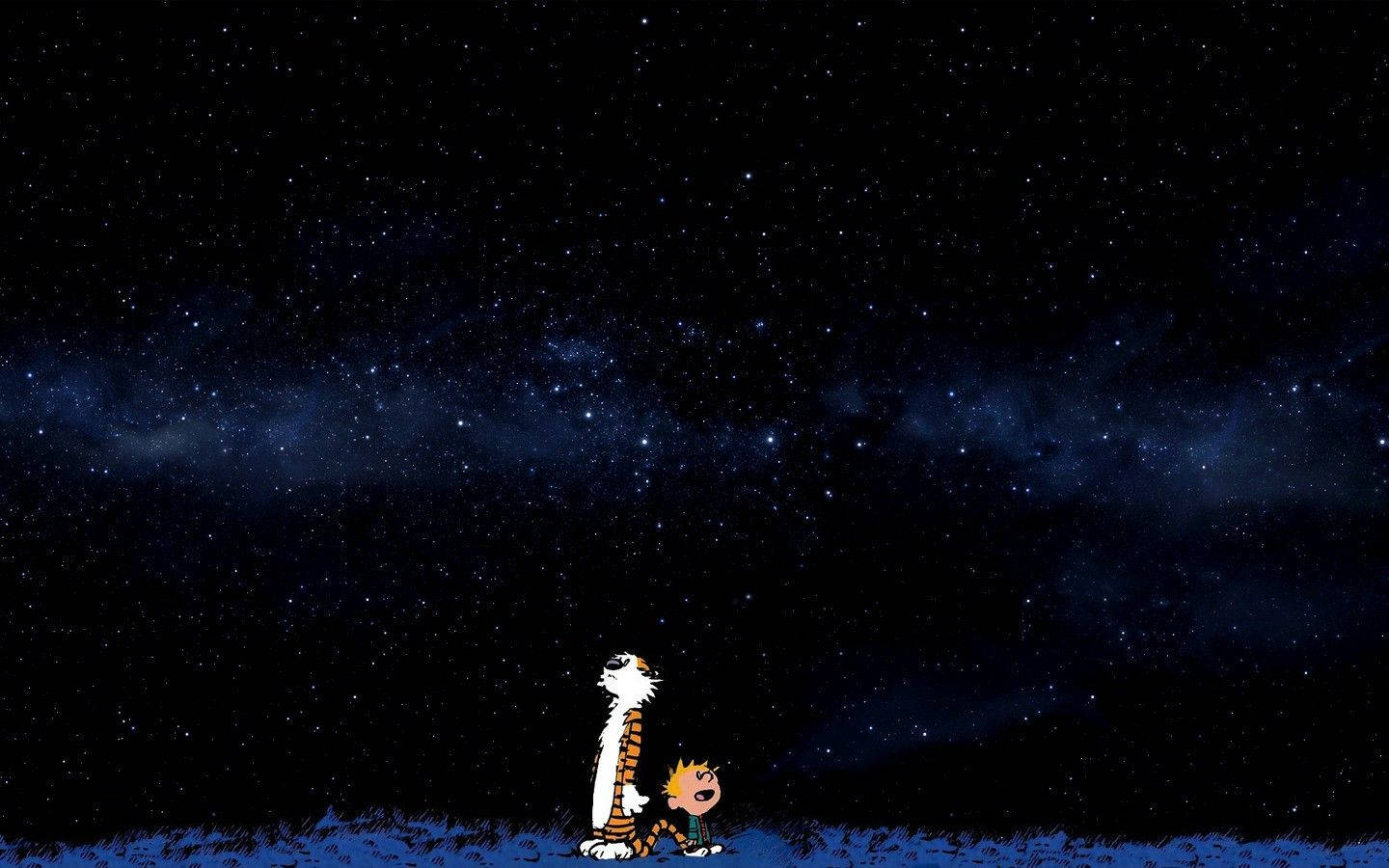 Calvin And Hobbes, starry night sky, glowing stars, HD Desktop Wallpaper