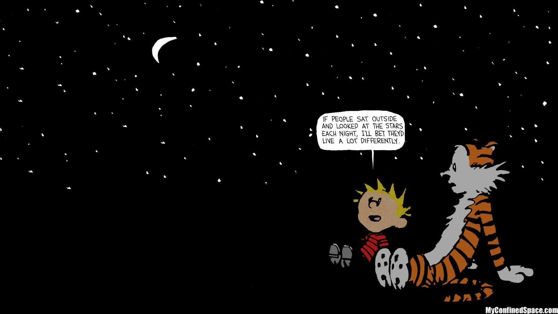 Calvin And Hobbes, starry night, crescent moon, Full HD Desktop Wallpaper