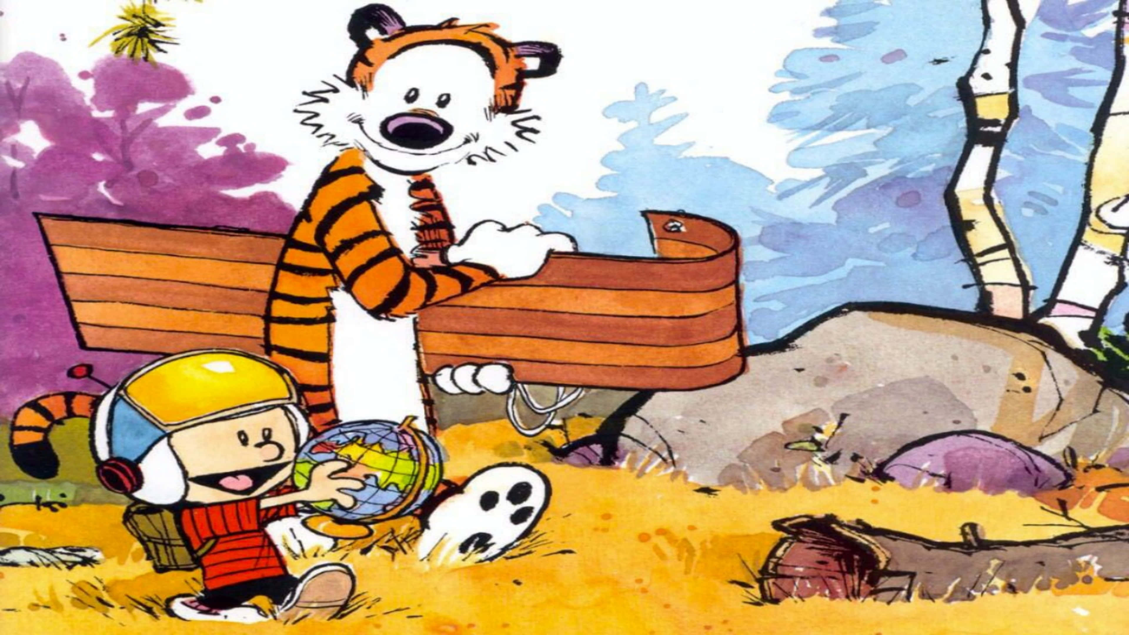 Calvin And Hobbes, tiger, wooden sled, 4K Desktop Wallpaper