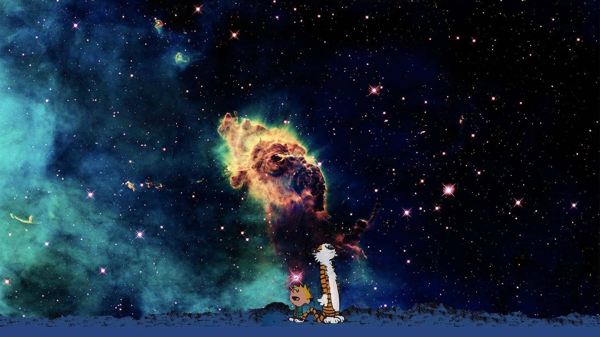 Calvin And Hobbes, stargazing, cosmic nebula, Full HD Desktop Wallpaper