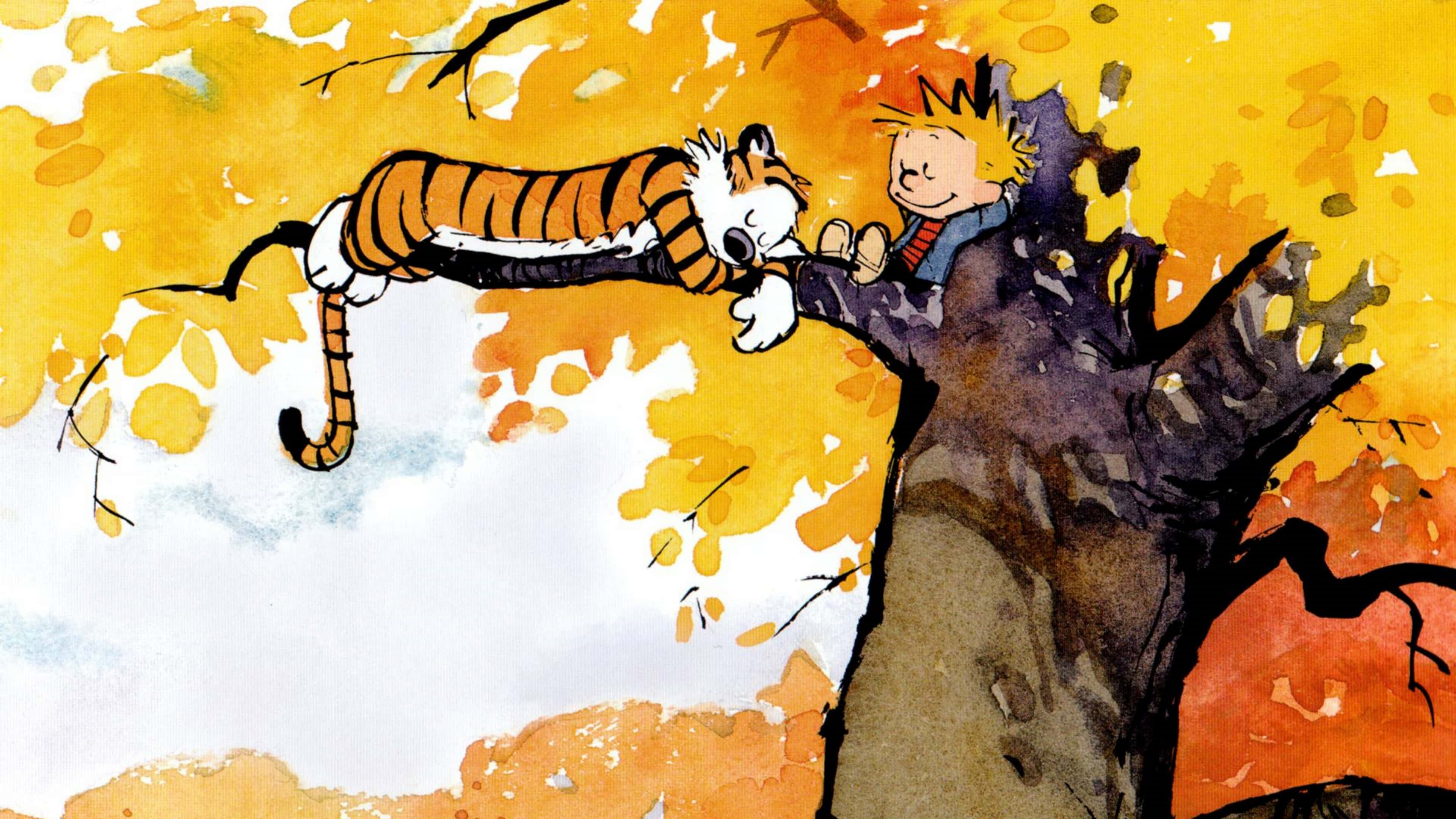 Calvin And Hobbes, tree, autumn leaves, 4K Desktop Wallpaper
