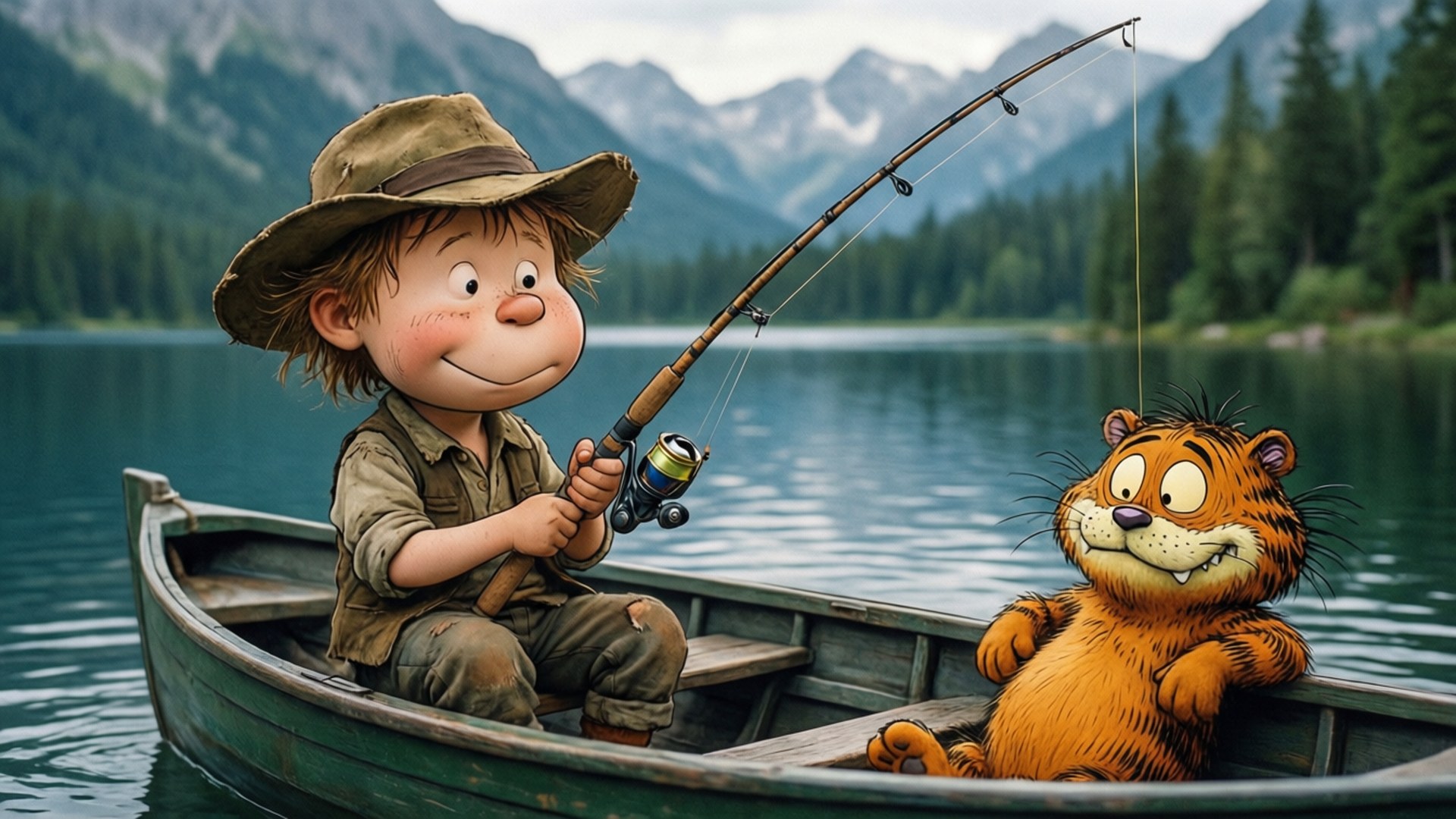 Calvin And Hobbes, green boat, mountain lake, Full HD Desktop Wallpaper