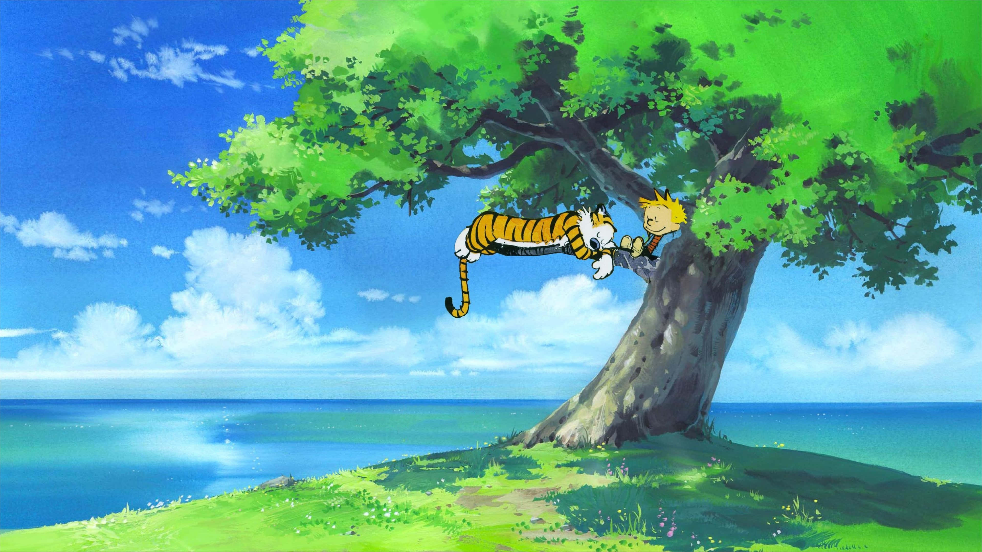 Calvin And Hobbes, boy, tiger friend, 4K Desktop Wallpaper
