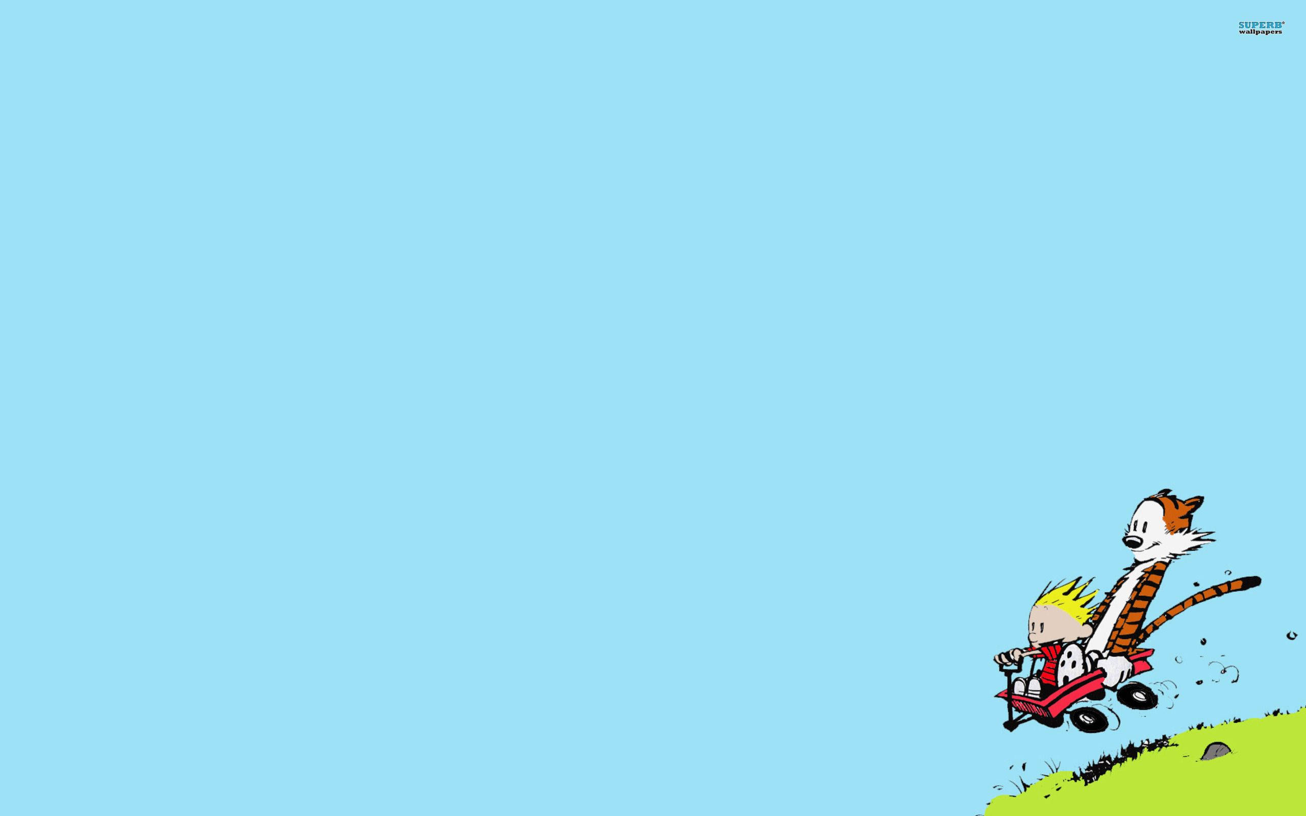 Calvin and Hobbes, red wagon, grassy hill, 2K Desktop Wallpaper