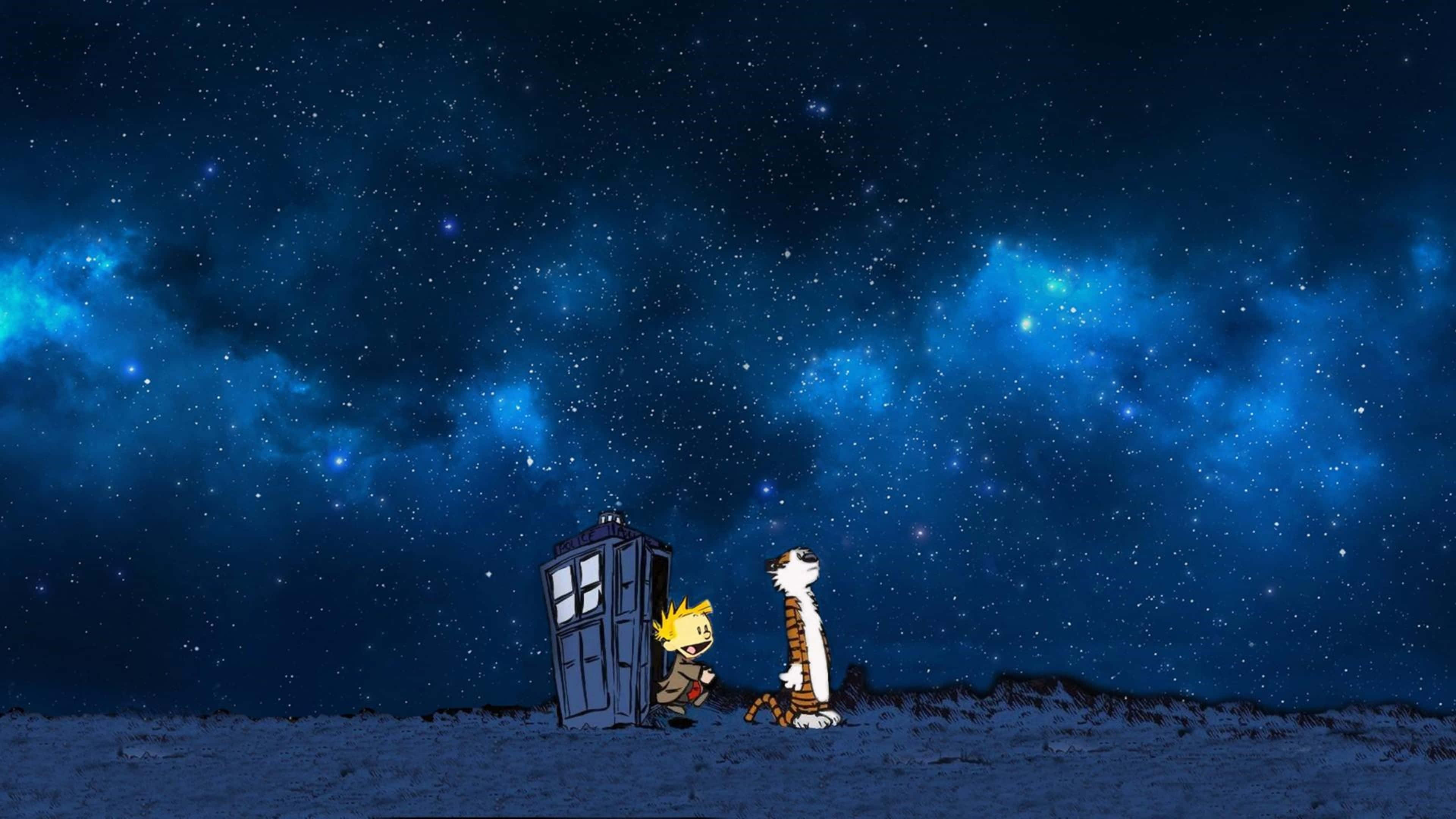Calvin and Hobbes, blue police box, starry night sky, 4K Desktop Wallpaper