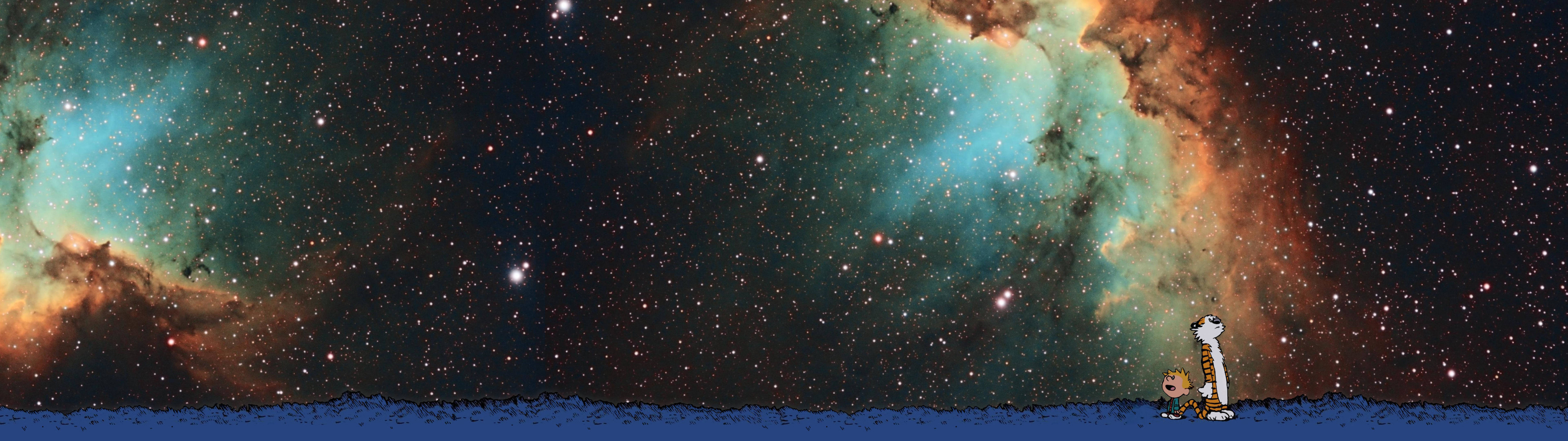 Calvin And Hobbes, blue surface, vibrant cosmic nebula, 8K Desktop Wallpaper